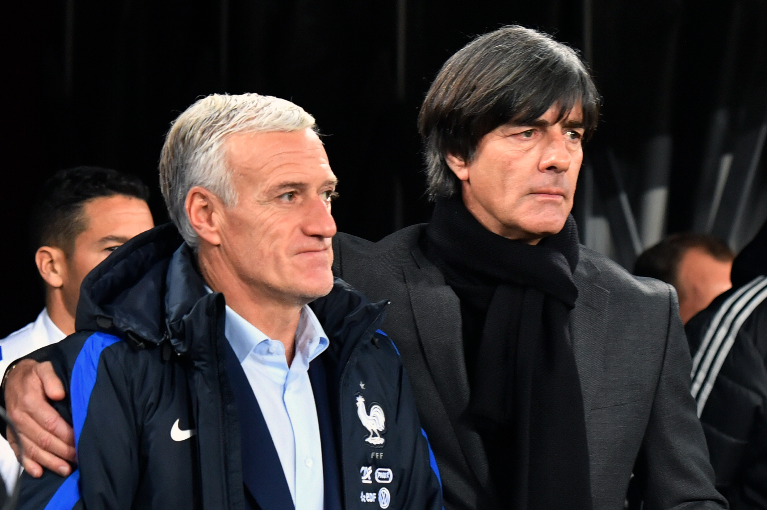 France's coach Didier Deschamps (L) and Germany's head coach Joachim Loew arrive for the international friendly football match Germany against France in Cologne on November 14, 2017. / AFP PHOTO / John MACDOUGALL        (Photo credit should read JOHN MACDOUGALL/AFP/Getty Images)
