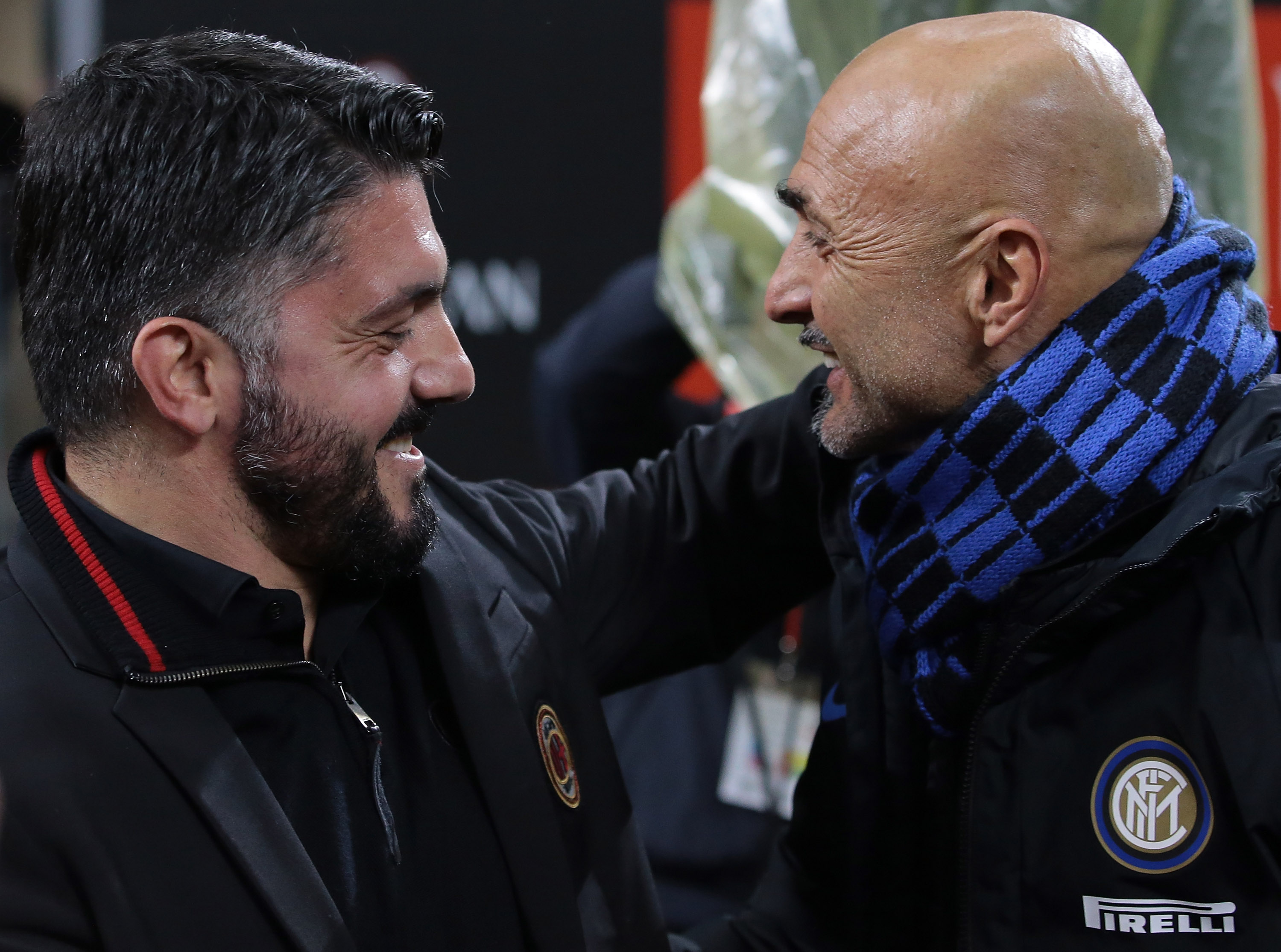 MILAN, ITALY - DECEMBER 27: AC Milan coach Ivan Gennaro Gattuso (L) embraces FC Internazionale Milano coach Luciano Spalletti prior to the TIM Cup match between AC Milan and FC Internazionale at Stadio Giuseppe Meazza on December 27, 2017 in Milan, Italy. (Photo by Emilio Andreoli/Getty Images)
