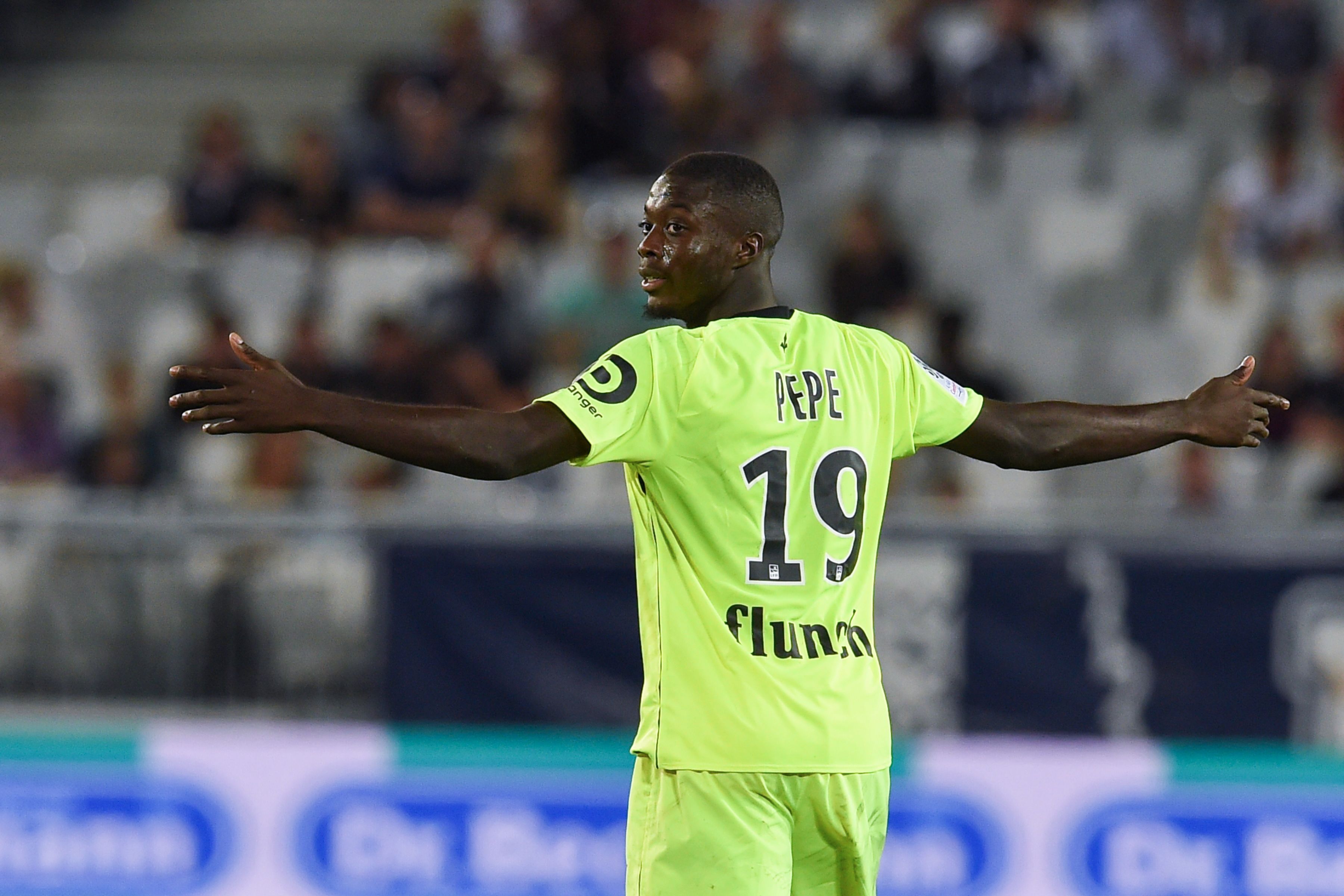 Lille's Ivorian forward Nicolas Pepe reacts during the French L1 football match between Nîmes and Guingamp, on september 26, 2018 at the Costieres stadium in Nimes, southern France. (Photo by NICOLAS TUCAT / AFP) (Photo credit should read NICOLAS TUCAT/AFP/Getty Images)