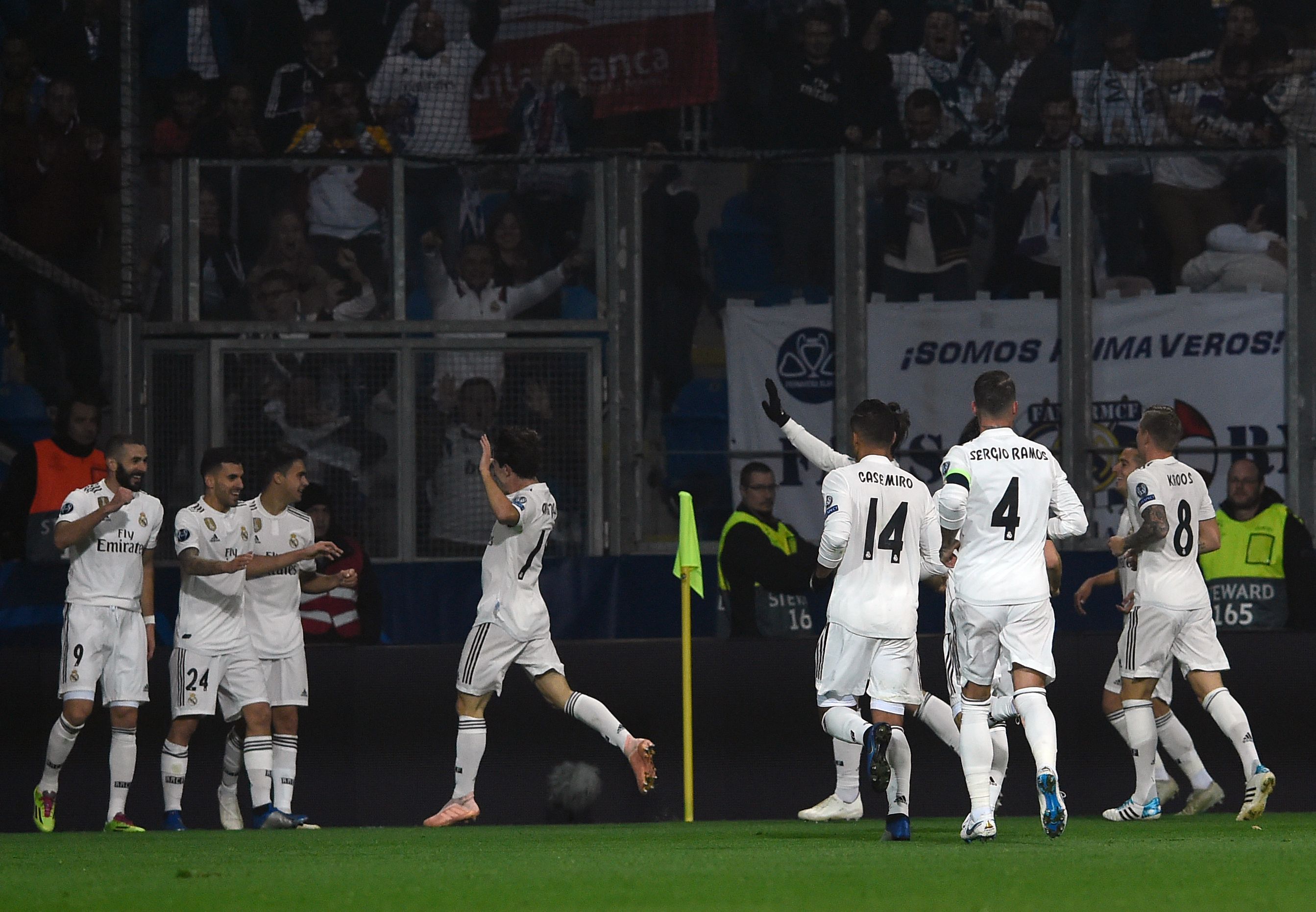 Players of Real Madrid celebrate after scoring during the UEFA Champions League group G football match Viktoria Plzen v Real Madrid in Plzen, Czech Republic on November 7, 2018. (Photo by Michal CIZEK / AFP) (Photo credit should read MICHAL CIZEK/AFP/Getty Images)