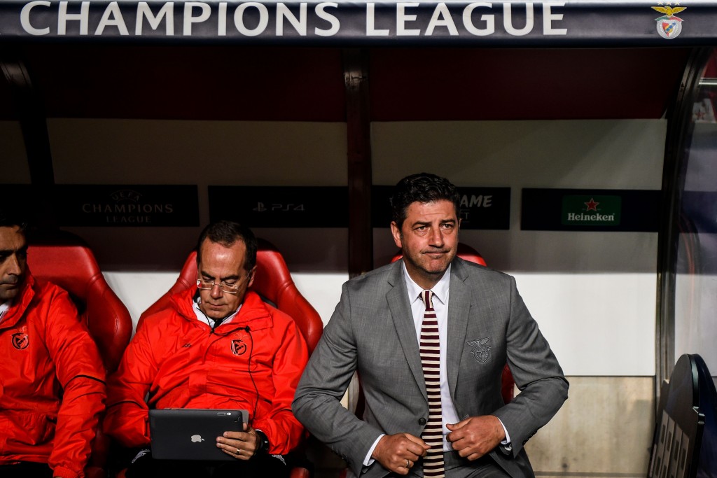 Benfica's Portuguese coach Rui Vitoria (R) takes his seat during the UEFA Champions League group E football match between Benfica and Ajax at La Luz Stadium in Lisbon on November 7, 2018. (Photo by PATRICIA DE MELO MOREIRA / AFP) (Photo credit should read PATRICIA DE MELO MOREIRA/AFP/Getty Images)