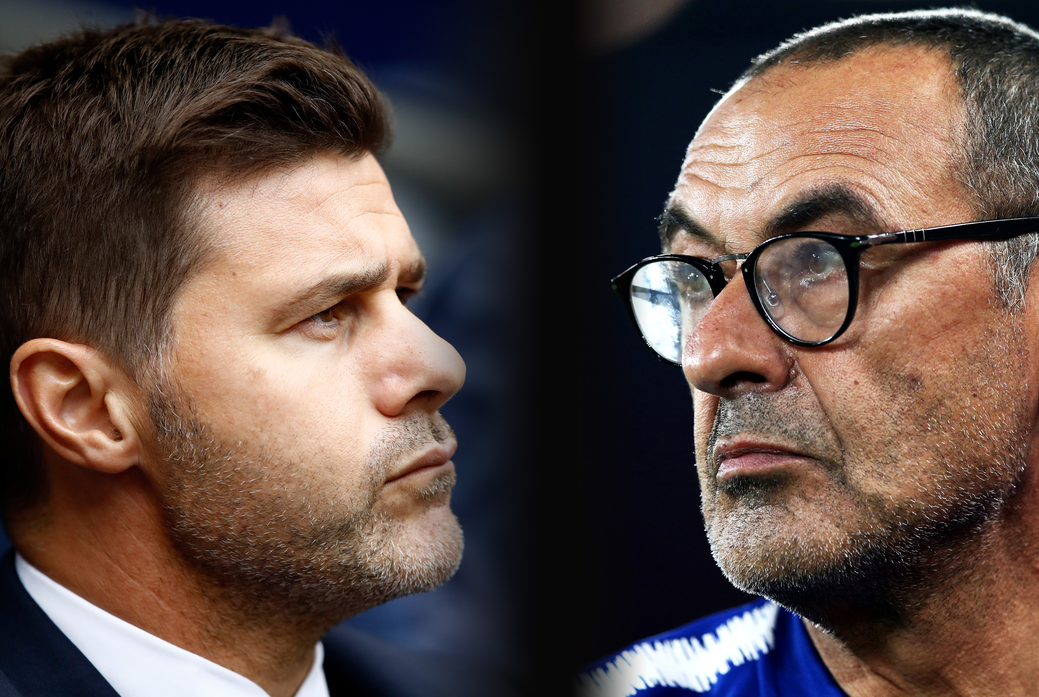 FILE PHOTO (EDITORS NOTE: COMPOSITE OF IMAGES - Image numbers 1018719794,1040951966 - GRADIENT ADDED) In this composite image a comparison has been made between Mauricio Pochettino, Manager of Tottenham Hotspur  (L) and  Maurizio Sarri, Manager of Chelsea.  Tottenham Hotspur and Chelsea FC  meet in a Premier League fixture on November 24, 2018 at Wembley Stadium in London. ***LEFT IMAGE*** LONDON, ENGLAND - AUGUST 18: Mauricio Pochettino, Manager of Tottenham Hotspur looks on prior to the Premier League match between Tottenham Hotspur and Fulham FC at Wembley Stadium on August 18, 2018 in London, United Kingdom. (Photo by Julian Finney/Getty Images) ***RIGHT IMAGE*** LIVERPOOL, ENGLAND - SEPTEMBER 26: Maurizio Sarri, Manager of Chelsea looks on ahead of the Carabao Cup Third Round match between Liverpool and Chelsea at Anfield on September 26, 2018 in Liverpool, England. (Photo by Jan Kruger/Getty Images)