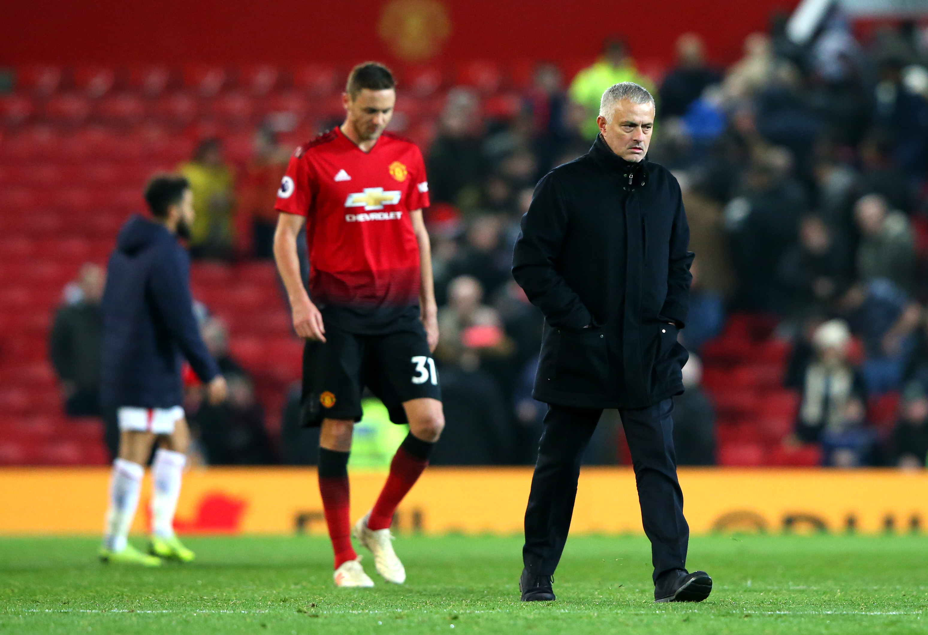 MANCHESTER, ENGLAND - NOVEMBER 24: Nemanja Matic of Manchester United and Jose Mourinho, Manager of Manchester United look dejected following the Premier League match between Manchester United and Crystal Palace at Old Trafford on November 24, 2018 in Manchester, United Kingdom. (Photo by Alex Livesey/Getty Images)