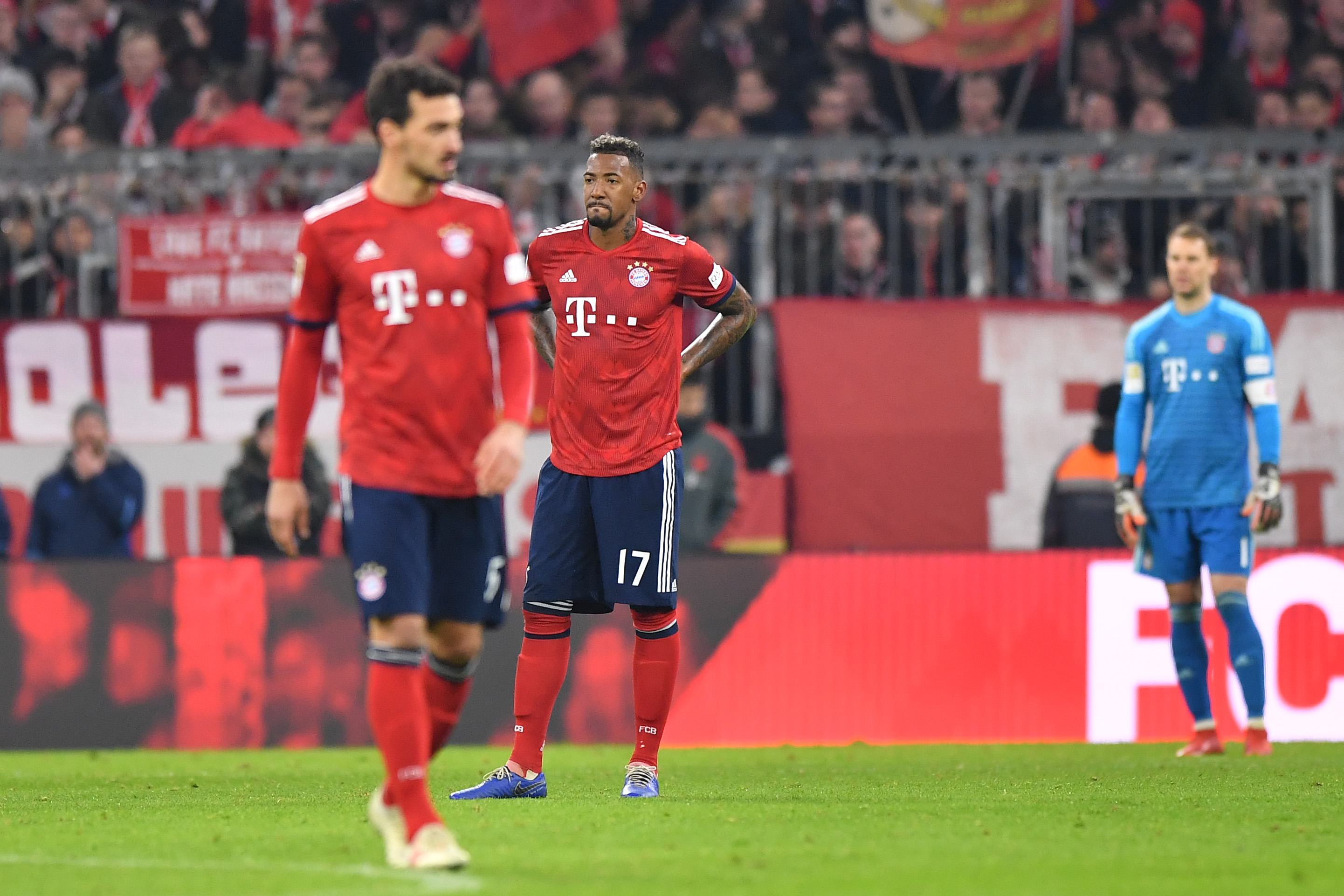 MUNICH, GERMANY - NOVEMBER 24: Jerome Boateng of Bayern Muenchen looks on during the Bundesliga match between FC Bayern Muenchen and Fortuna Duesseldorf at Allianz Arena on November 24, 2018 in Munich, Germany. (Photo by Sebastian Widmann/Bongarts/Getty Images)
