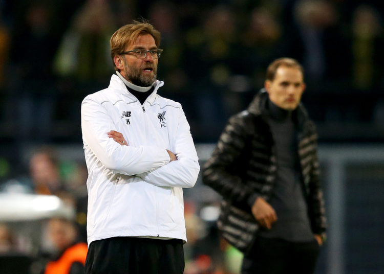 DORTMUND, GERMANY - APRIL 07:  Thomas Tuchel manager of Borussia Dortmund and Jurgen Klopp (L) manager of Liverpool look on from the touchline during the UEFA Europa League quarter final first leg match between Borussia Dortmund and Liverpool at Signal Iduna Park on April 7, 2016 in Dortmund, Germany.  (Photo by Lars Baron/Bongarts/Getty Images)