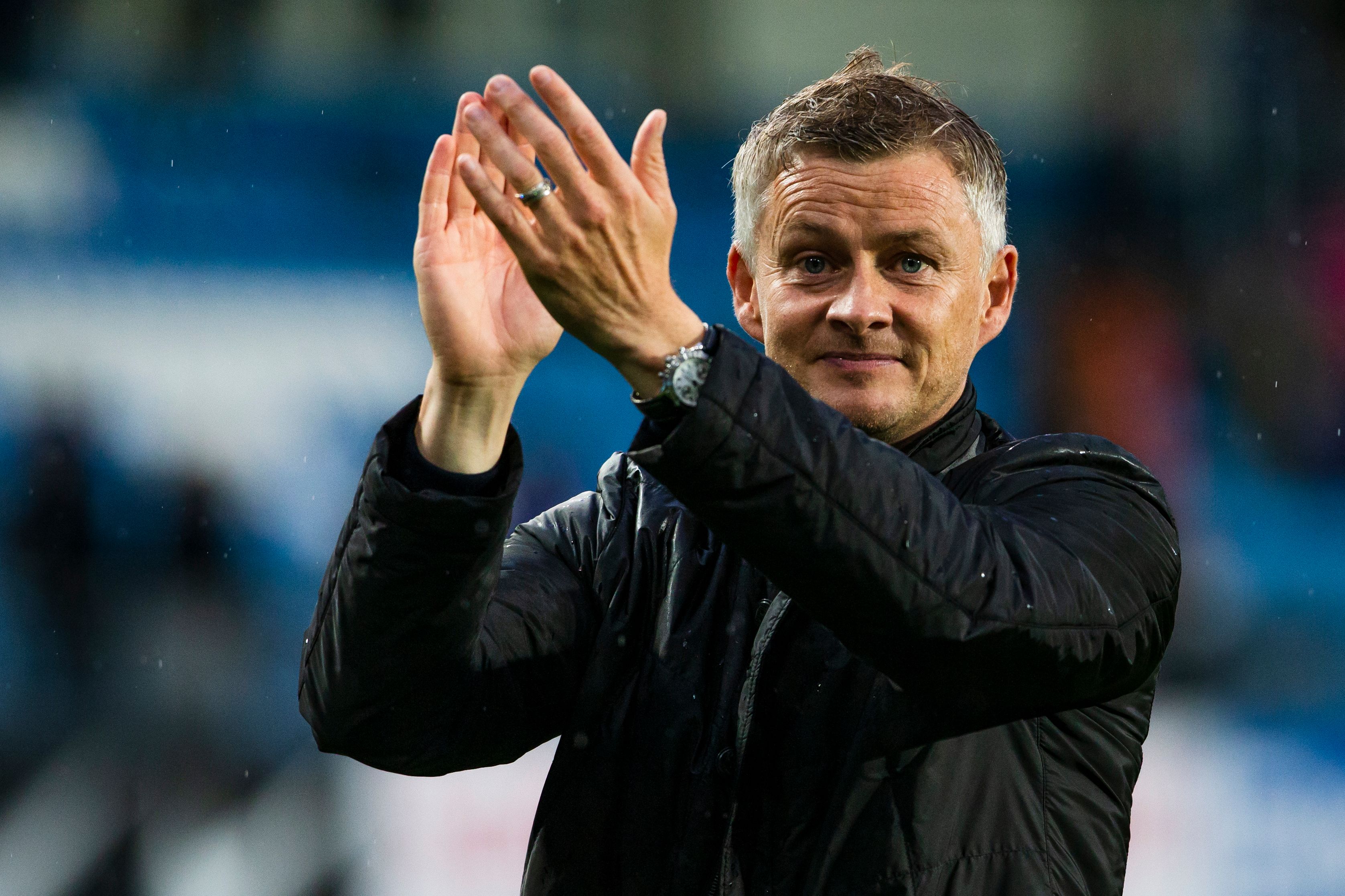 Molde FK´s headcoach Ole Gunnar Solskjaer celebrates after the UEFA Champions League third round, second leg qualifying football match between Molde FK and Hibernian at the Aker Stadium in Molde, Norway, on August 16, 2018. (Photo by Svein Ove Ekornesvaag / NTB SCANPIX / AFP) / Norway OUT (Photo credit should read SVEIN OVE EKORNESVAAG/AFP/Getty Images)