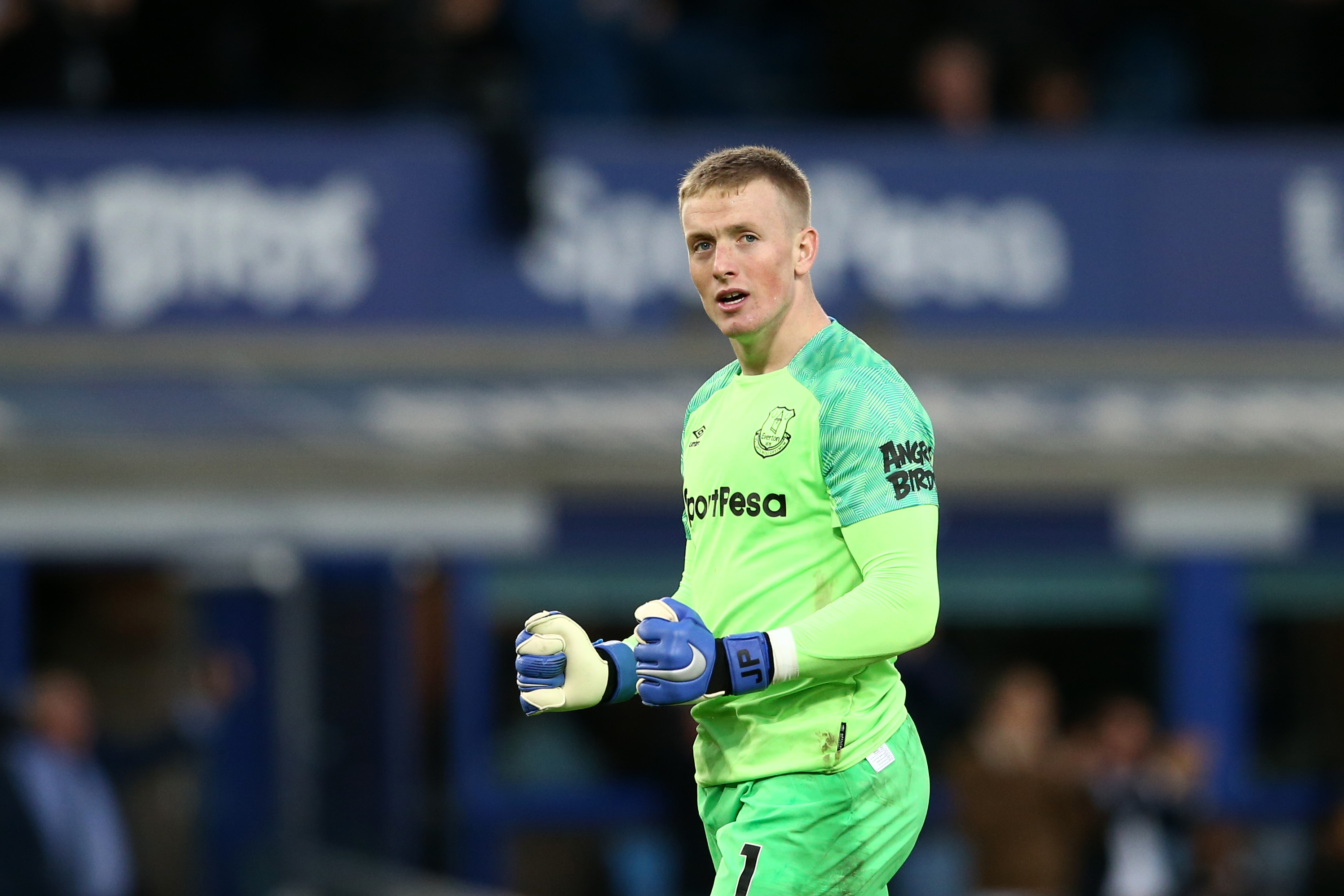 LIVERPOOL, ENGLAND - OCTOBER 21: Jordan Pickford of Everton celebrates after Cenk Tosun of Everton (not pictured) scored their second goal during the Premier League match between Everton FC and Crystal Palace at Goodison Park on October 21, 2018 in Liverpool, United Kingdom. (Photo by Jan Kruger/Getty Images)