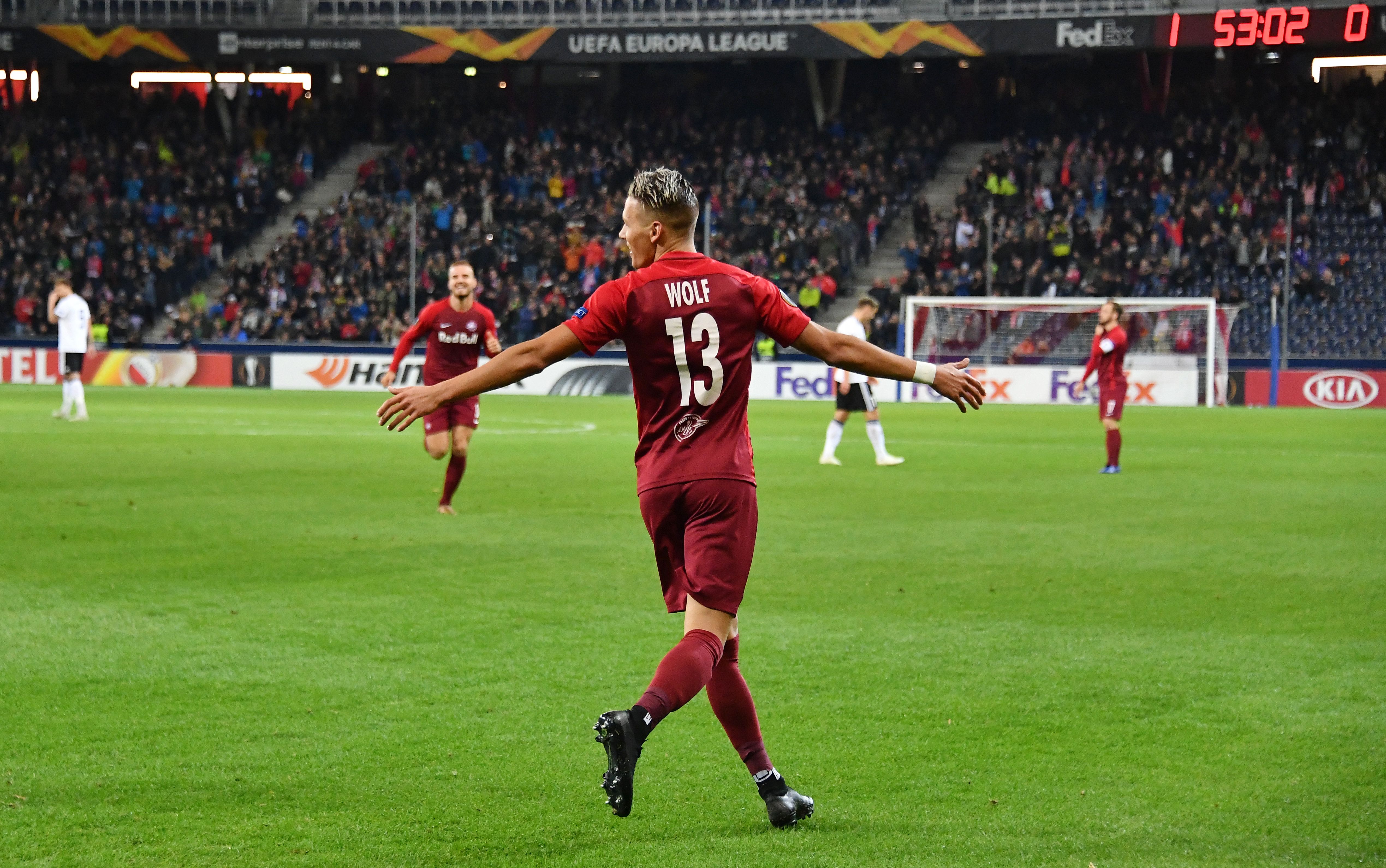 Salzburg's Austrian midfielder Hannes Wolf celebrates scoring the 2:0 during the UEFA Europe League Group B football match Salzburg v Rosenberg in Salzburg, Austria on October 25, 2018. (Photo by JOE KLAMAR / AFP) (Photo credit should read JOE KLAMAR/AFP/Getty Images)