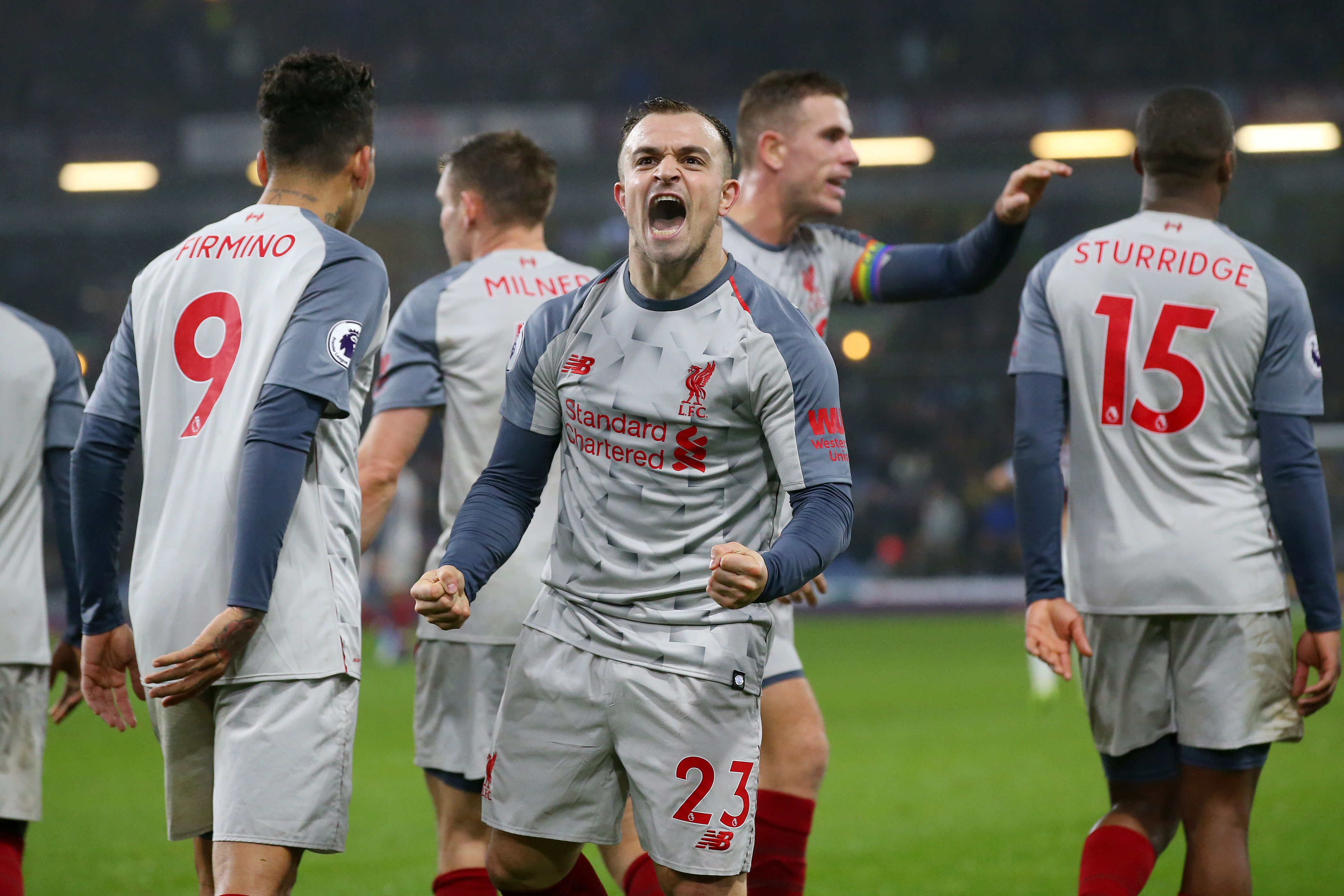 BURNLEY, ENGLAND - DECEMBER 05: Xherdan Shaqiri of Liverpool celebrates after scoring his team's third goal during the Premier League match between Burnley FC and Liverpool FC at Turf Moor on December 5, 2018 in Burnley, United Kingdom. (Photo by Alex Livesey/Getty Images)