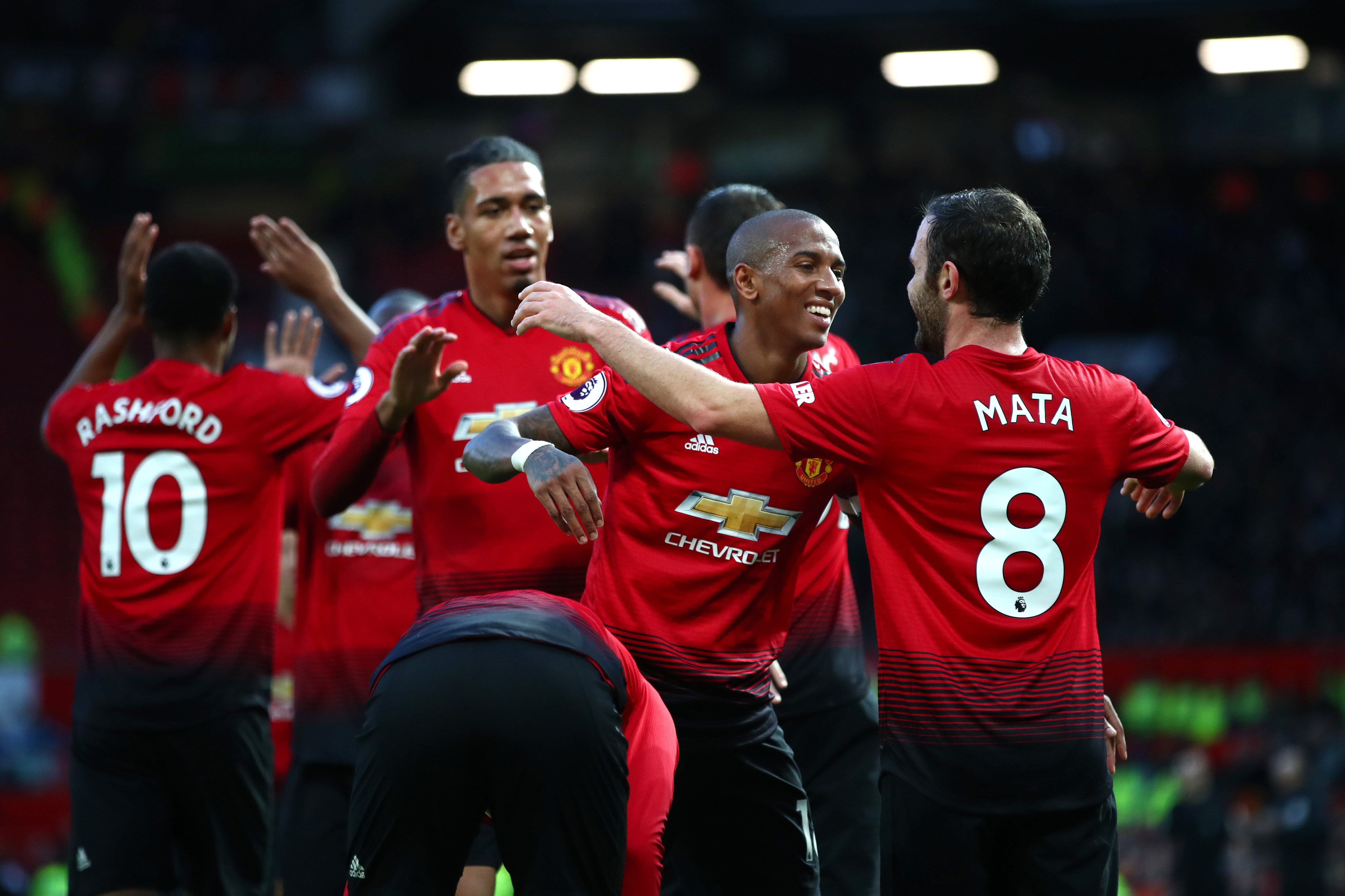 MANCHESTER, ENGLAND - DECEMBER 08: Juan Mata of Manchester United celebrates after scoring his team's second goal with his team mates during the Premier League match between Manchester United and Fulham FC at Old Trafford on December 8, 2018 in Manchester, United Kingdom. (Photo by Clive Brunskill/Getty Images)