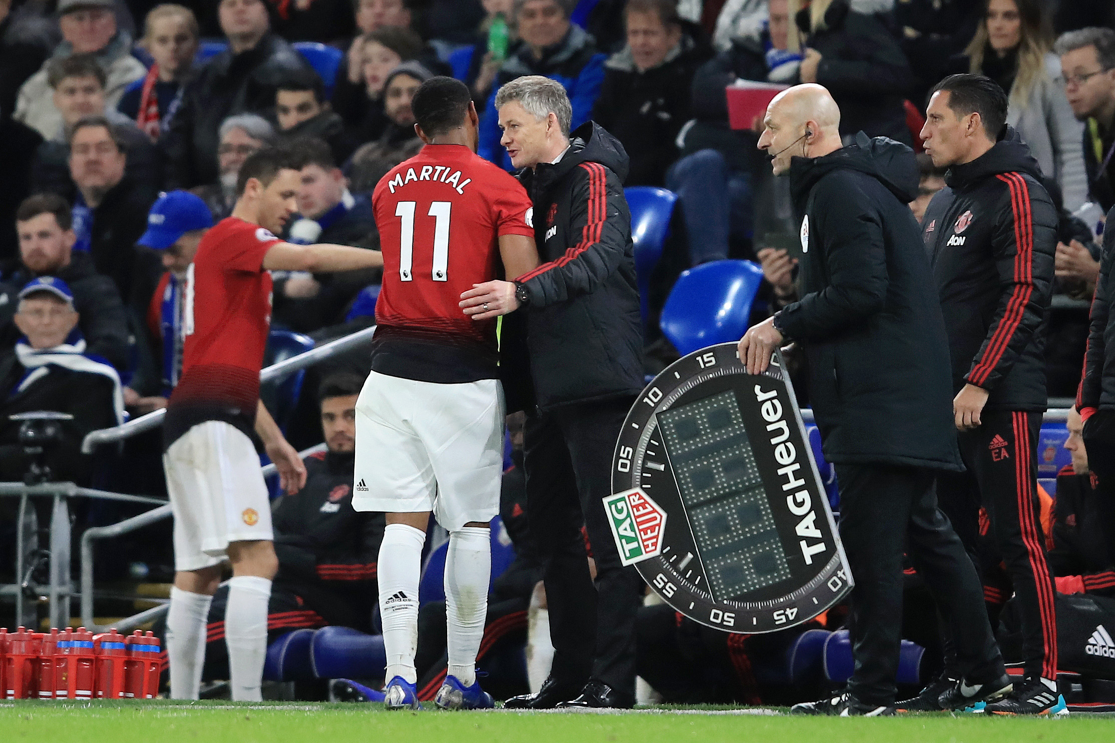 CARDIFF, WALES - DECEMBER 22: Ole Gunnar Solskjaer, Interim Manager of Manchester United embraces Anthony Martial of Manchester United as he is substituted during the Premier League match between Cardiff City and Manchester United at Cardiff City Stadium on December 22, 2018 in Cardiff, United Kingdom. (Photo by Marc Atkins/Getty Images)