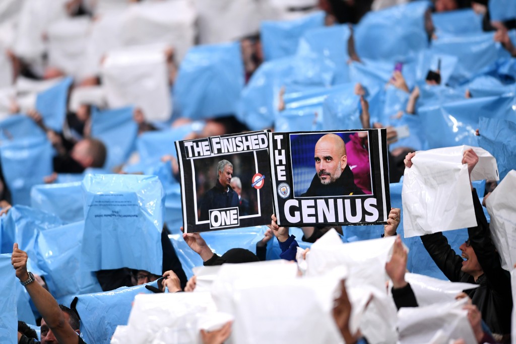 A banner that speaks volumes about Mourinho's current predicament, and Pep Guardiola's continued success. (Photo by Laurence Griffiths/Getty Images)