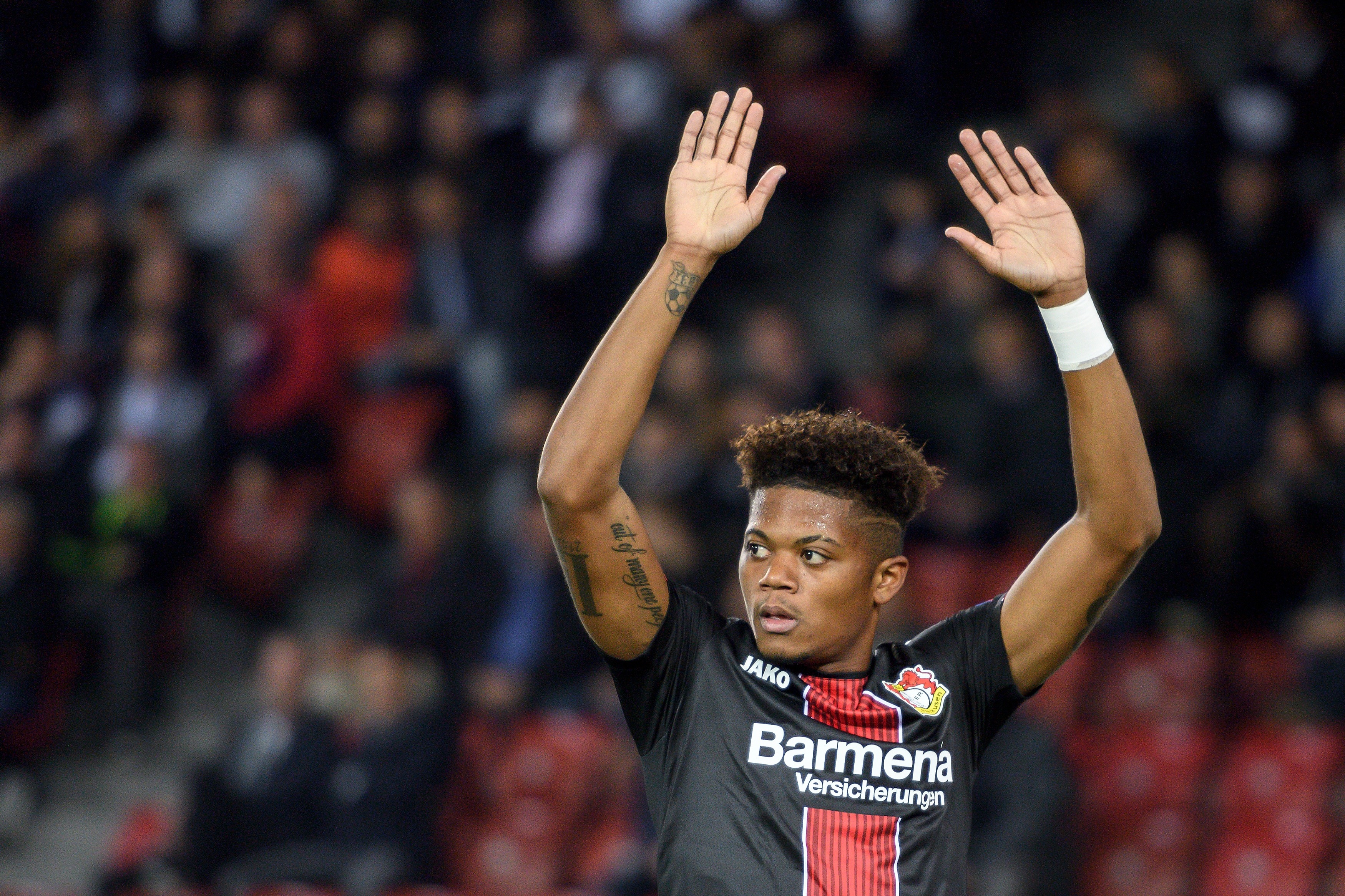 Bayer Leverkusen's Jamaican forward Leon Bailey reacts during the UEFA Europa League group A football match between FC Zurich and Bayer Leverkusen at Letzigrund stadium in Zurich on October 25, 2018. (Photo by Fabrice COFFRINI / AFP) (Photo credit should read FABRICE COFFRINI/AFP/Getty Images)