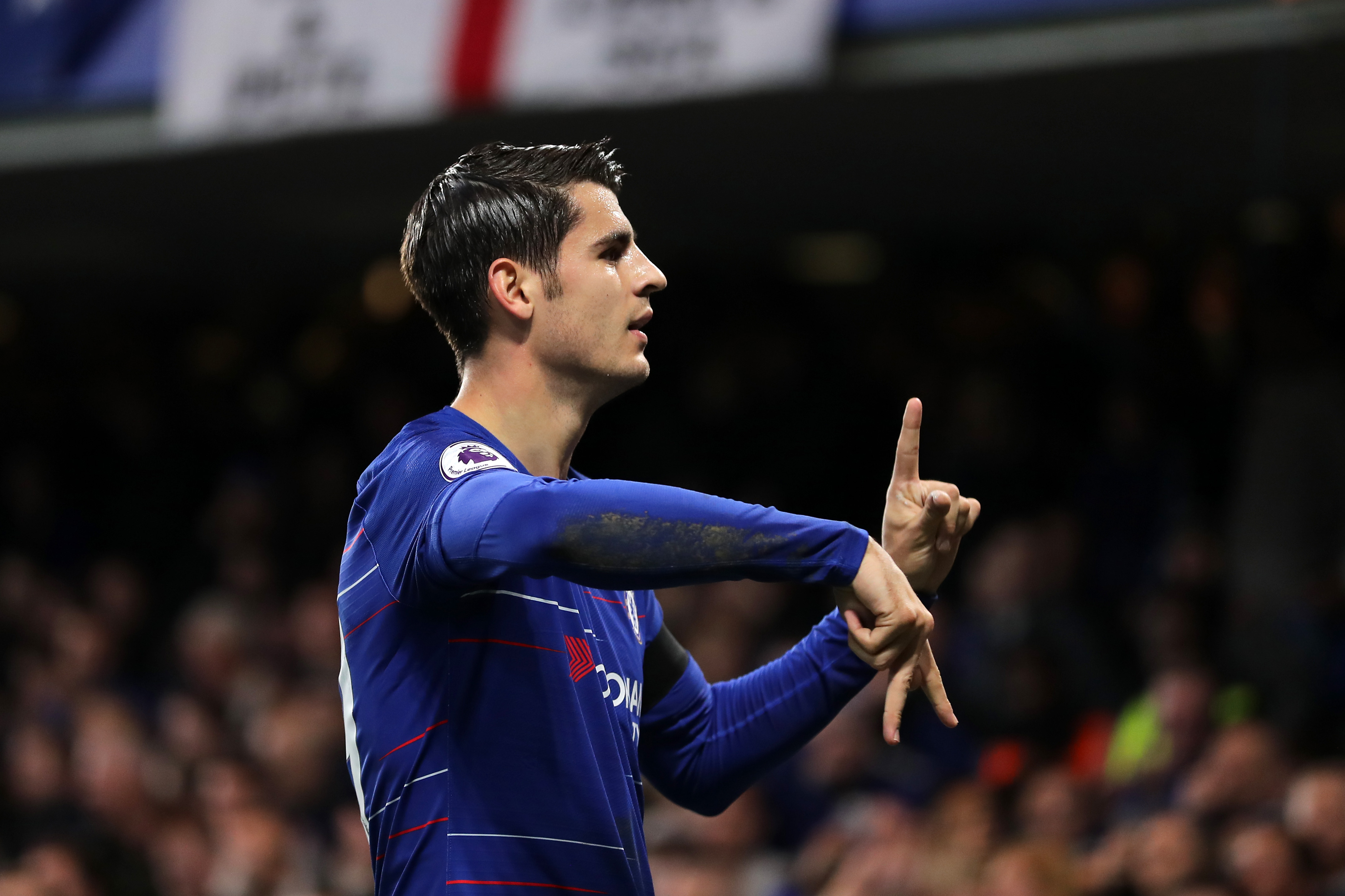 LONDON, ENGLAND - NOVEMBER 04: Alvaro Morata of Chelsea celebrates after scoring his team's first goal during the Premier League match between Chelsea FC and Crystal Palace at Stamford Bridge on November 4, 2018 in London, United Kingdom. (Photo by Richard Heathcote/Getty Images)