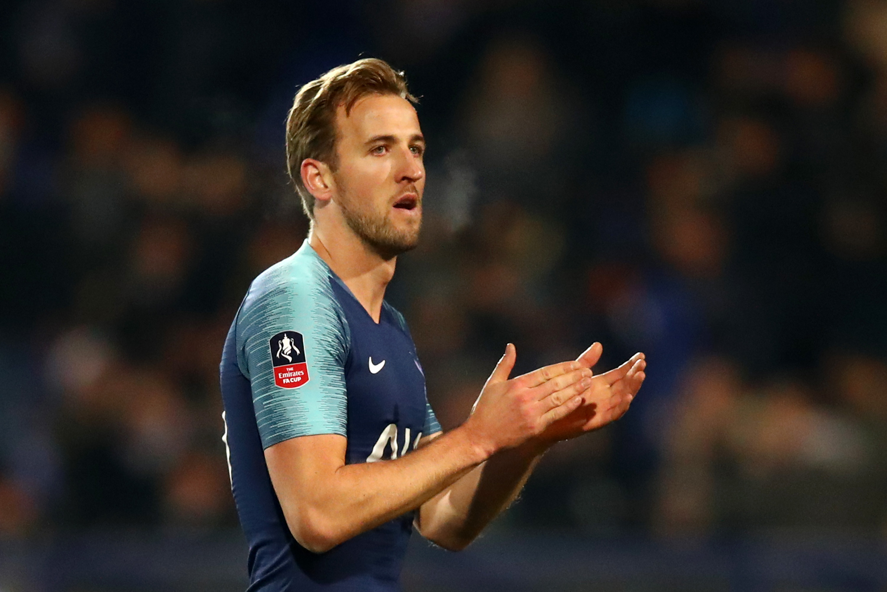 BIRKENHEAD, ENGLAND - JANUARY 04:  Harry Kane of Tottenham Hotspur acknowledges the fans following his sides victory in the FA Cup Third Round match between Tranmere Rovers and Tottenham Hotspur at Prenton Park on January 4, 2019 in Birkenhead, United Kingdom.  (Photo by Clive Brunskill/Getty Images)