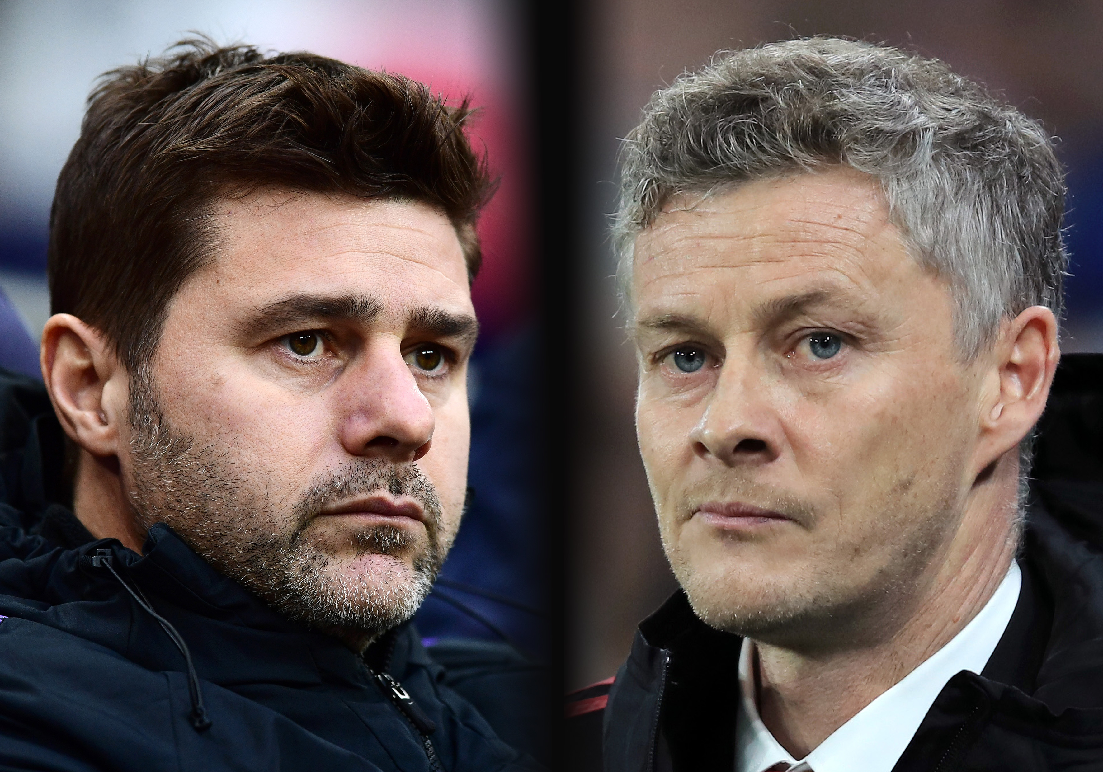 FILE PHOTO (EDITORS NOTE: COMPOSITE OF IMAGES - Image numbers 1074931336,1074588652 - GRADIENT ADDED) In this composite image a comparison has been made between Mauricio Pochettino, Manager of Tottenham Hotspur (L) and Ole Gunnar Solskjaer, Interim Manager of Manchester United. Tottenham Hotspur and Manchester United meet in a Premier League fixture on January 13, 2019 at Wembley Stadium in London. ***LEFT IMAGE*** LONDON, ENGLAND - DECEMBER 26: Mauricio Pochettino, Manager of Tottenham Hotspur looks on ahead of the Premier League match between Tottenham Hotspur and AFC Bournemouth at Tottenham Hotspur Stadium on December 26, 2018 in London, United Kingdom. (Photo by Alex Broadway/Getty Images) ***RIGHT IMAGE*** CARDIFF, WALES - DECEMBER 22: Ole Gunnar Solskjaer, Interim Manager of Manchester United looks on prior to the Premier League match between Cardiff City and Manchester United at Cardiff City Stadium on December 22, 2018 in Cardiff, United Kingdom. (Photo by Marc Atkins/Getty Images)