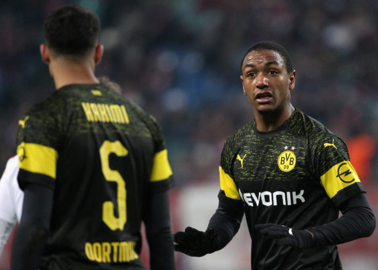 LEIPZIG, GERMANY - JANUARY 19:  Abdou Diallo talks to Achraf Hakimi of Dortmund during the Bundesliga match between RB Leipzig and Borussia Dortmund at Red Bull Arena on January 19, 2019 in Leipzig, Germany. (Photo by Karina Hessland-Wissel/Bongarts/Getty Images)