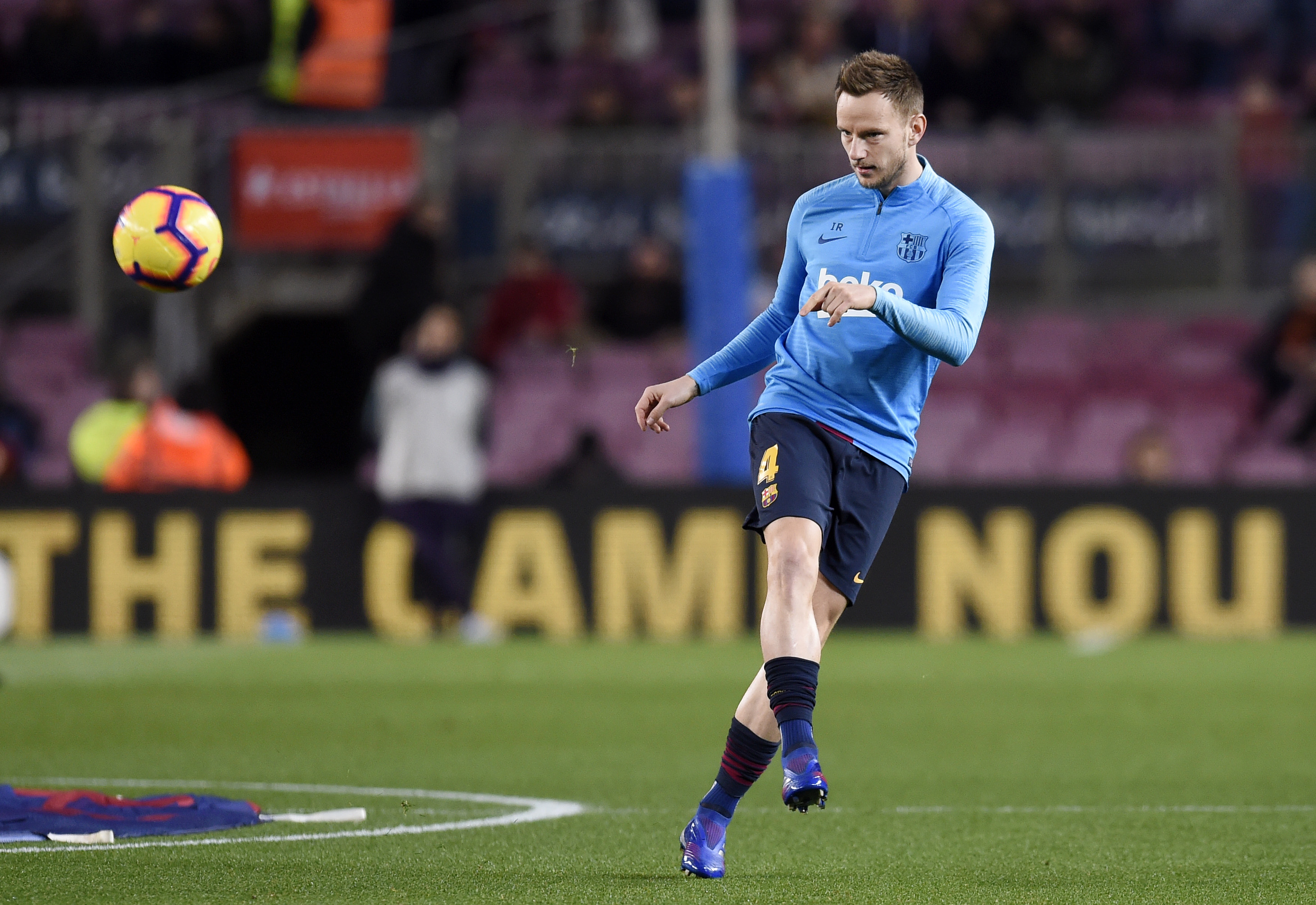 BARCELONA, SPAIN - FEBRUARY 02: Ivan Rakitic of Barcelona warms up prior to the La Liga match between FC Barcelona and Valencia CF at Camp Nou on February 2, 2019 in Barcelona, Spain. (Photo by Alex Caparros/Getty Images)