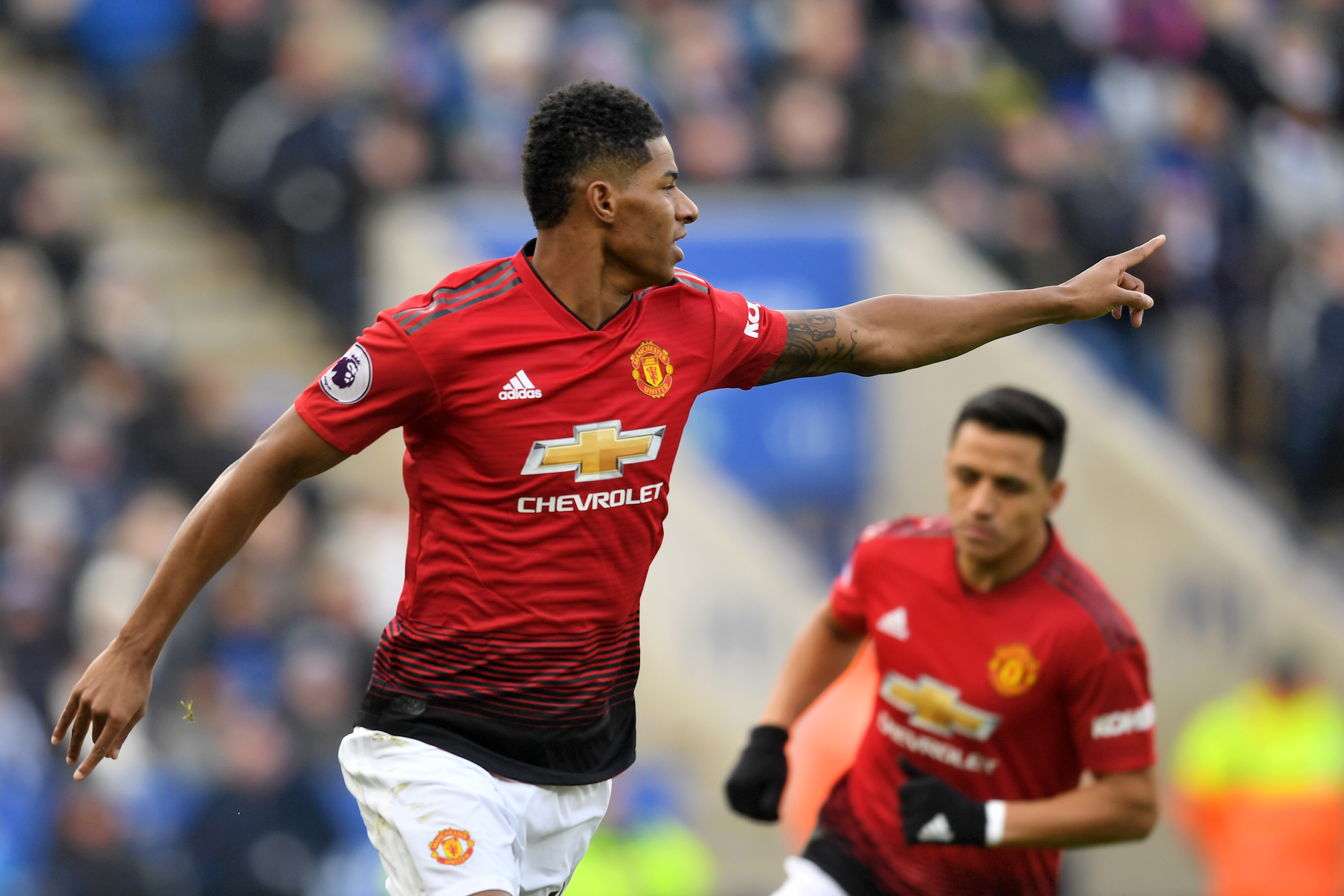 LEICESTER, ENGLAND - FEBRUARY 03: Marcus Rashford of Manchester United celebrates after scoring his team's first goal during the Premier League match between Leicester City and Manchester United at The King Power Stadium on February 3, 2019 in Leicester, United Kingdom. (Photo by Michael Regan/Getty Images)