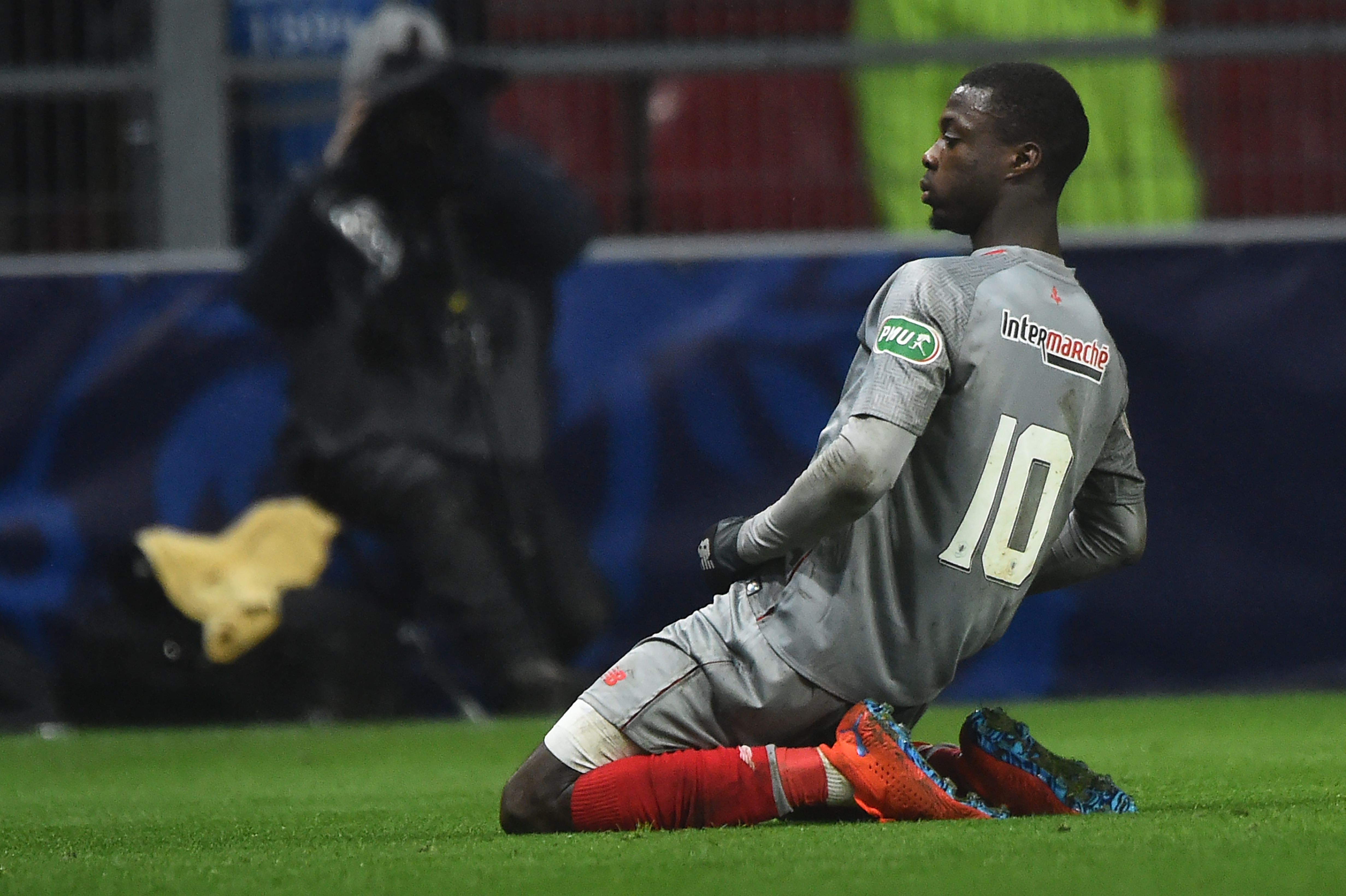 Lille's Ivorian forward Nicolas Pepe celebrates after scoring a goal during the French Cup round of 16 football match between Rennes and Lille on February 6, 2019 at the Roazhon Park in Rennes, northwestern France. (Photo by JEAN-FRANCOIS MONIER / AFP) (Photo credit should read JEAN-FRANCOIS MONIER/AFP/Getty Images)