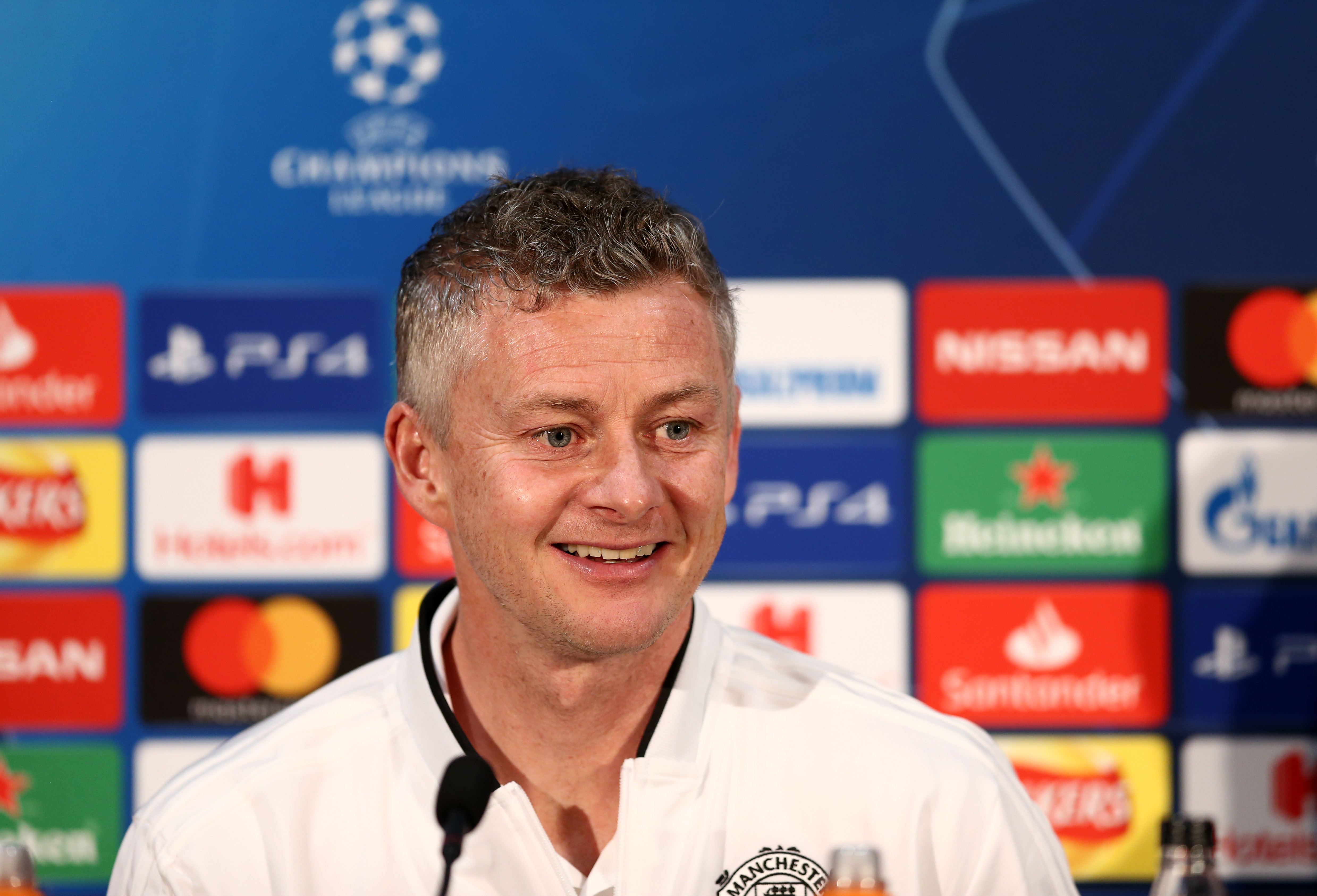 MANCHESTER, ENGLAND - FEBRUARY 11: Ole Gunnar Solskjaer, Interim Manager of Manchester United reacts during a press conference ahead of their UEFA Champions League Round of 16 match against Paris Saint-Germain F.C. at Aon Training Complex on February 11, 2019 in Manchester, England. (Photo by Jan Kruger/Getty Images)