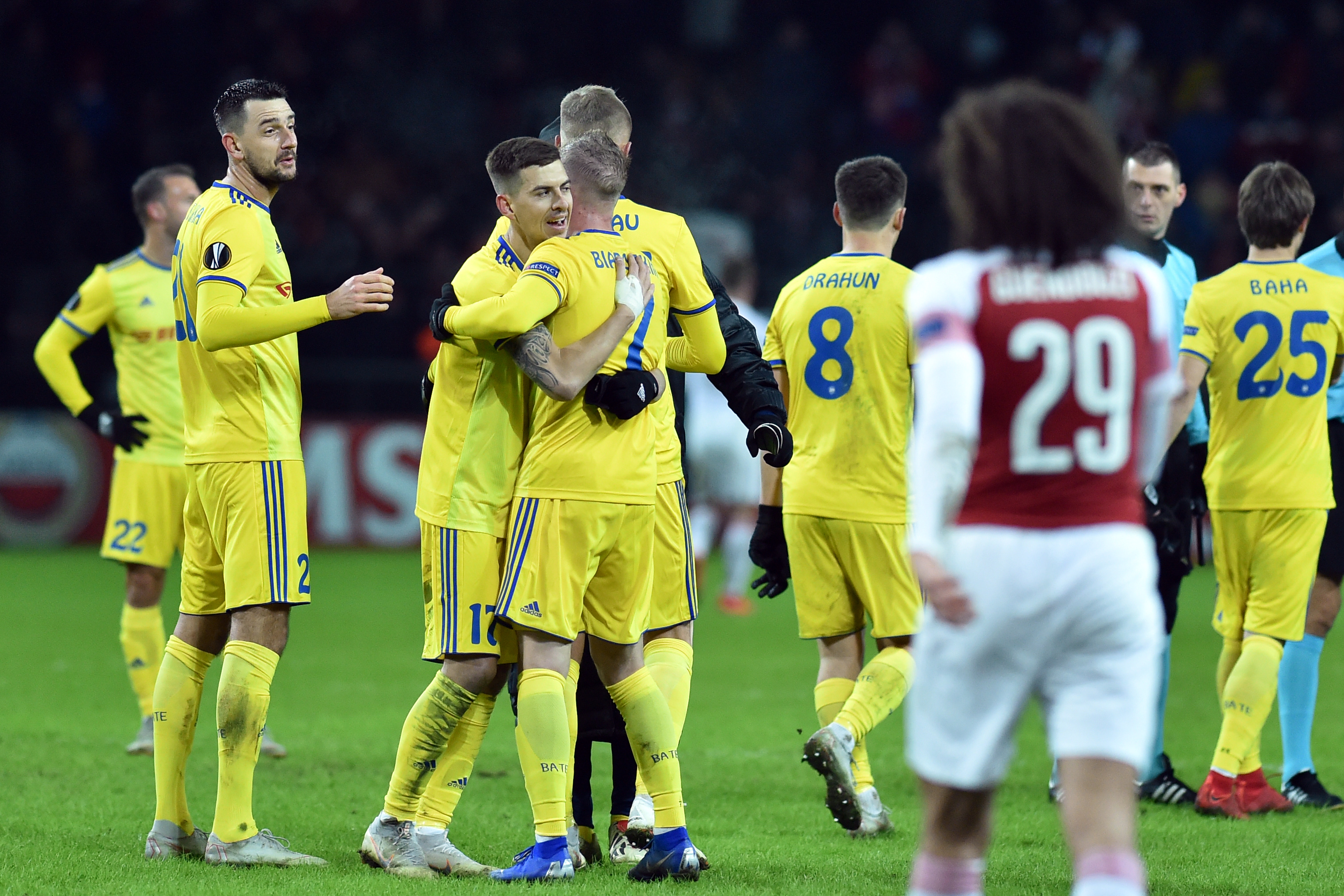 BATE Borisov's players celebrate after the UEFA Europa League round of 32 first leg football match between FC BATE Borisov and Arsenal FC in Borisov outside Minsk on February 14, 2019. (Photo by Sergei GAPON / AFP) (Photo credit should read SERGEI GAPON/AFP/Getty Images)