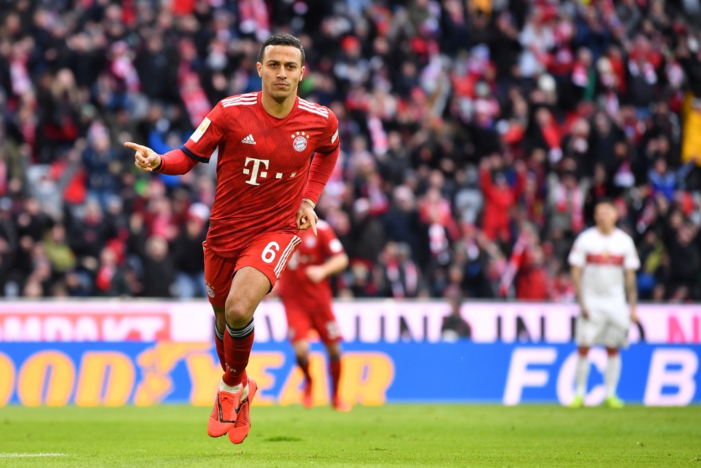 MUNICH, GERMANY - JANUARY 27: Thiago Alcantara of Bayern Munich celebrates scoring his team's first goal during the Bundesliga match between FC Bayern Muenchen and VfB Stuttgart at Allianz Arena on January 27, 2019 in Munich, Germany. (Photo by Sebastian Widmann/Bongarts/Getty Images)