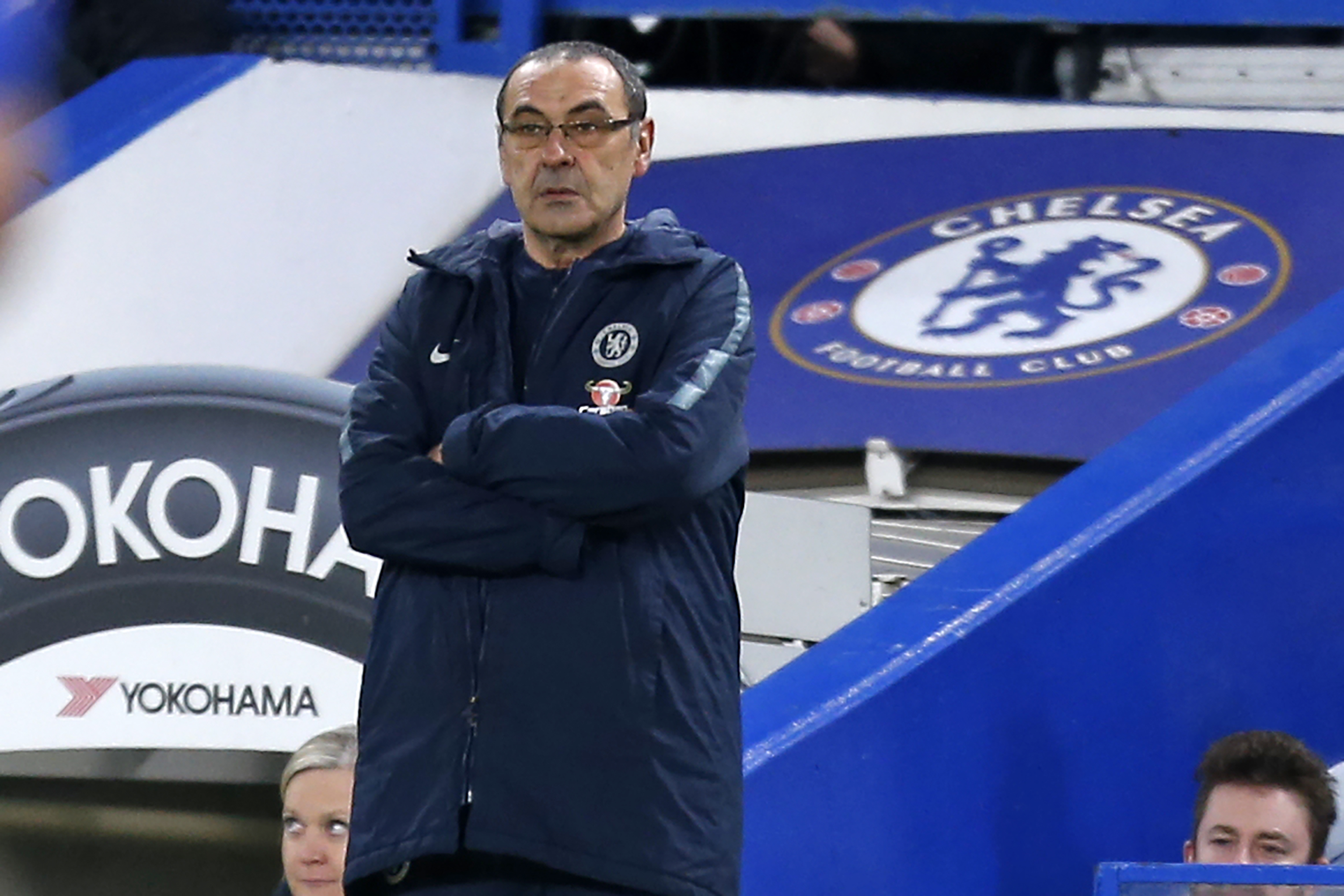 Chelsea's Italian head coach Maurizio Sarri watches from the touchline during the English FA Cup fifth round football match between Chelsea and Manchester United at Stamford Bridge in London on February 18, 2019. (Photo by Ian KINGTON / AFP) / RESTRICTED TO EDITORIAL USE. No use with unauthorized audio, video, data, fixture lists, club/league logos or 'live' services. Online in-match use limited to 120 images. An additional 40 images may be used in extra time. No video emulation. Social media in-match use limited to 120 images. An additional 40 images may be used in extra time. No use in betting publications, games or single club/league/player publications. / (Photo credit should read IAN KINGTON/AFP/Getty Images)