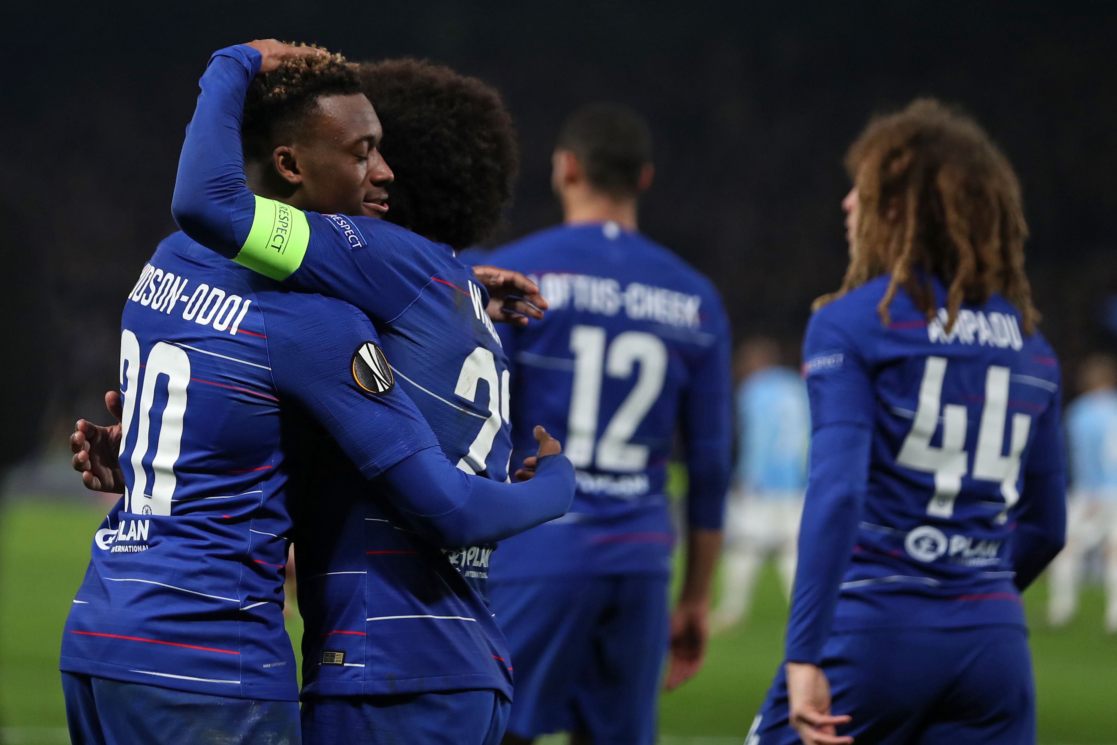 Chelsea's English midfielder Callum Hudson-Odoi (L) celebrates with teammates after scoring their third goal during the UEFA Europa League round of 32, 2nd leg football match between Chelsea and Malmo at Stamford Bridge in London on February 21, 2019. (Photo by Daniel LEAL-OLIVAS / AFP) (Photo credit should read DANIEL LEAL-OLIVAS/AFP/Getty Images)