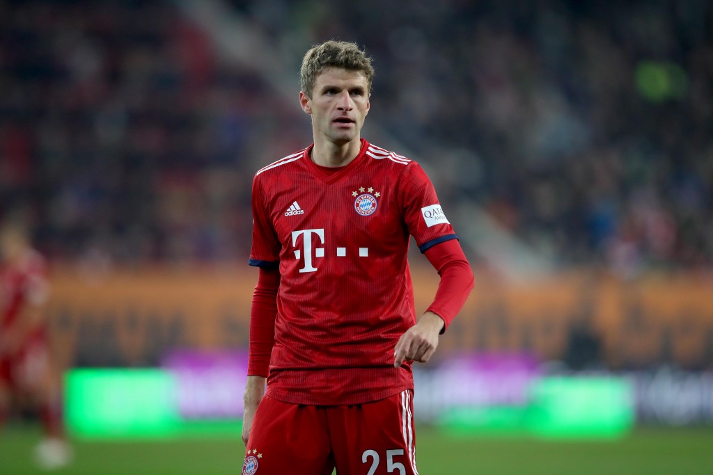 AUGSBURG, GERMANY - FEBRUARY 15: Thomas Mueller of FC Bayern Muenchen looks on during the Bundesliga match between FC Augsburg and FC Bayern Muenchen at WWK-Arena on February 15, 2019 in Augsburg, Germany. (Photo by Alexander Hassenstein/Bongarts/Getty Images)