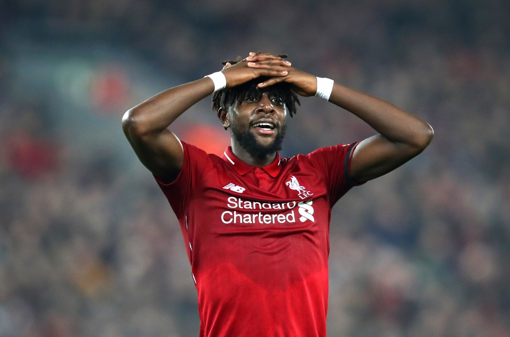 LIVERPOOL, ENGLAND - FEBRUARY 27: Divock Origi of Liverpool reacts during the Premier League match between Liverpool FC and Watford FC at Anfield on February 27, 2019 in Liverpool, United Kingdom. (Photo by Clive Brunskill/Getty Images)