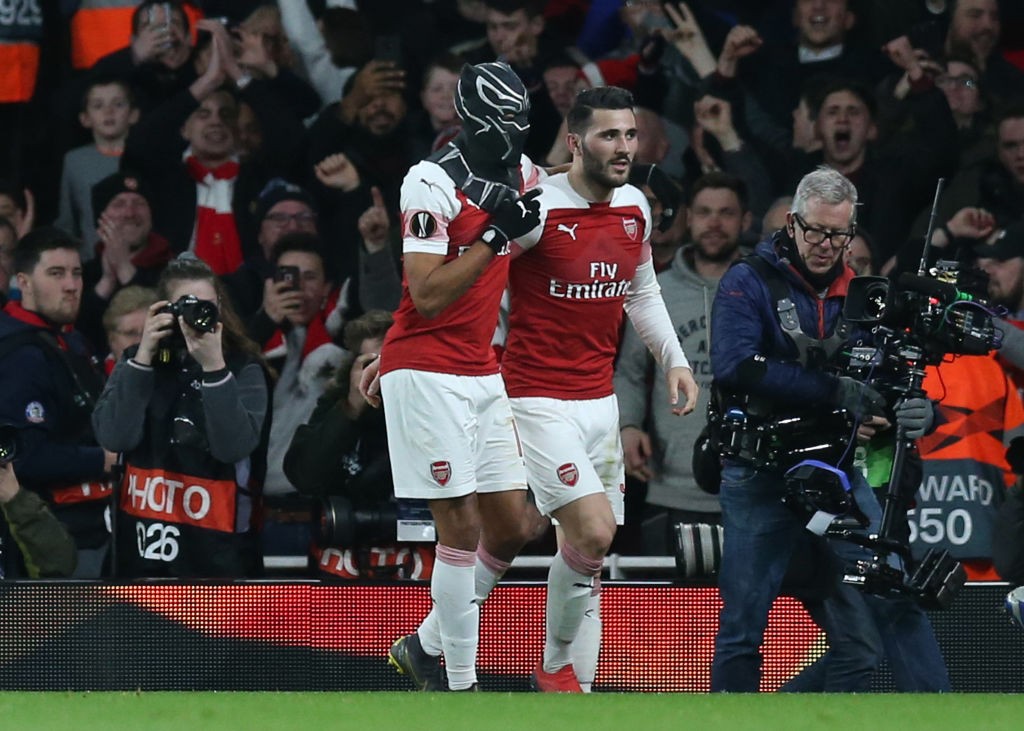 Aubameyang with the mask celebration. (Photo courtesy: AFP/Getty)