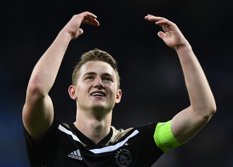 Ajax's Dutch defender Matthijs de Ligt celebrates at the end of the UEFA Champions League round of 16 second leg football match between Real Madrid CF and Ajax at the Santiago Bernabeu stadium in Madrid on March 5, 2019. (Photo by GABRIEL BOUYS / AFP) (Photo credit should read GABRIEL BOUYS/AFP/Getty Images)