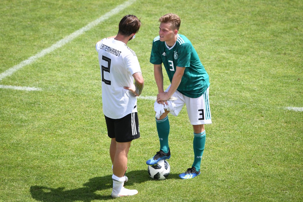 EPPAN, ITALY - MAY 30: Marvin Plattenhardt (Deutschland, l.) mit Maximilian Mittelstadt during a Germany v Germany U20 test match at German national team training camp on May 30, 2018 in Eppan, Italy. (Photo by Pool/Bongarts/Getty Images)
