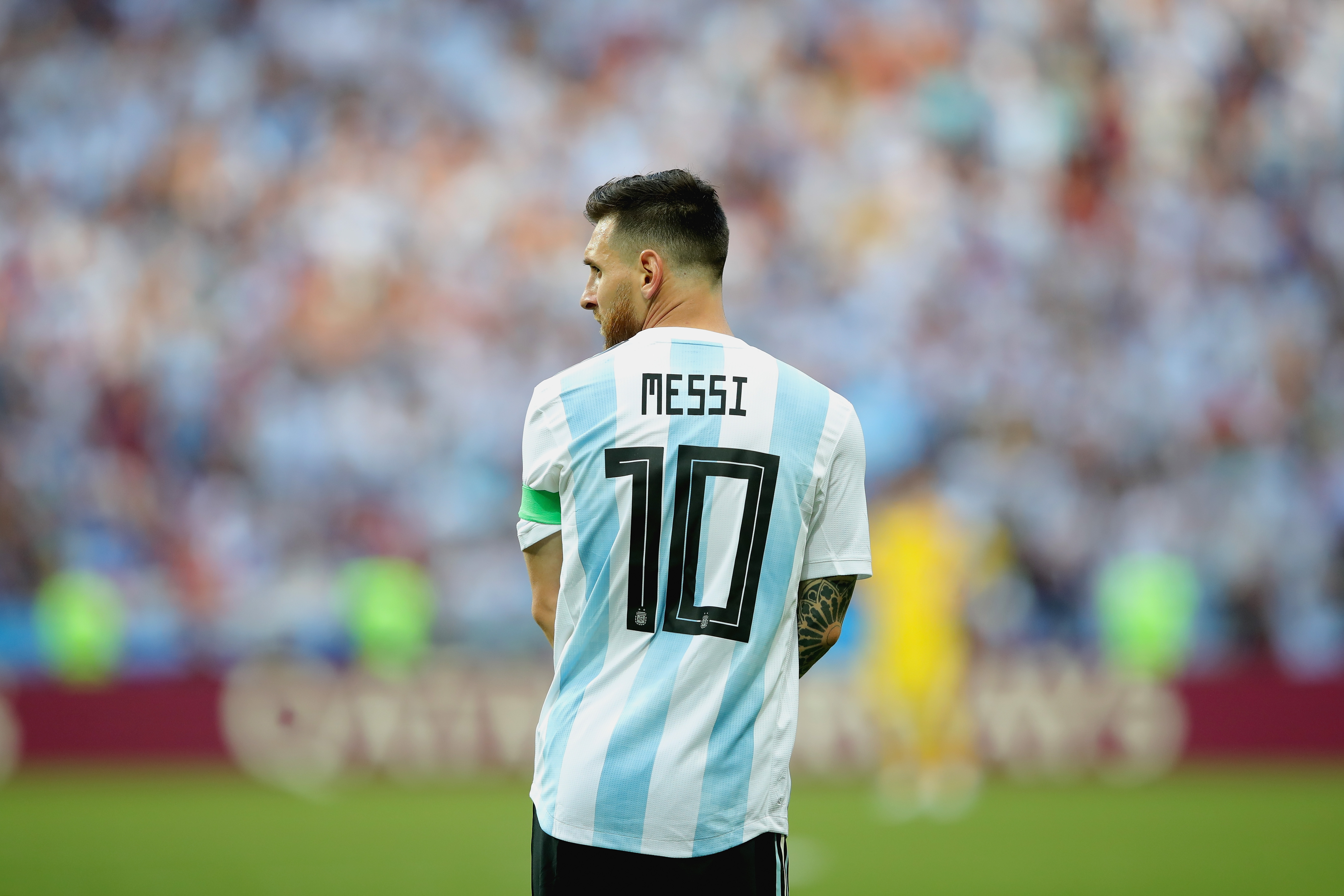 KAZAN, RUSSIA - JUNE 30: Lionel Messi of Argentina looks on during the 2018 FIFA World Cup Russia Round of 16 match between France and Argentina at Kazan Arena on June 30, 2018 in Kazan, Russia. (Photo by Alexander Hassenstein/Getty Images)