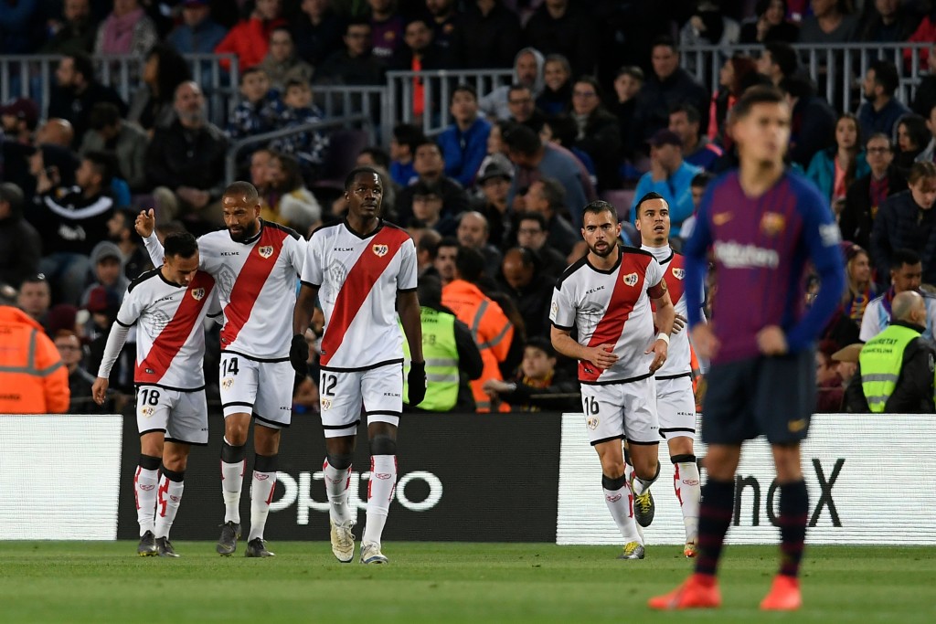 Rayo Vallecano will sorely miss the services of Raul de Tomas (extreme left). (Photo by Lluis Gene/AFP/Getty Images)