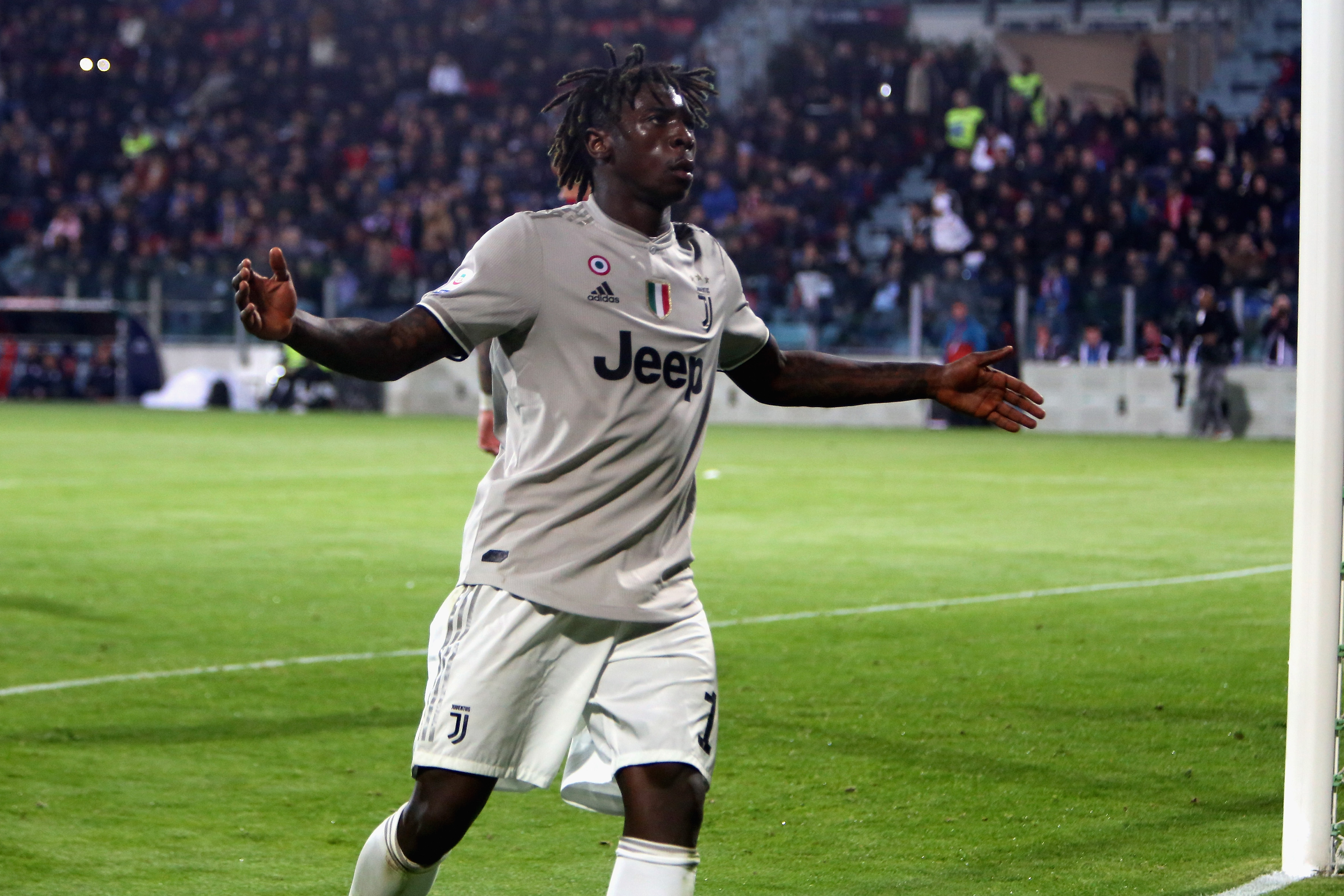 CAGLIARI, ITALY - APRIL 02: Moise Kean of Juventus celebrates his goal 0-2 during the Serie A match between Cagliari and Juventus at Sardegna Arena on April 2, 2019 in Cagliari, Italy. (Photo by Enrico Locci/Getty Images)