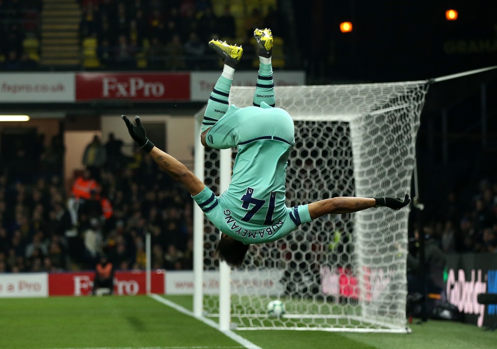 Turning Arsenal's fate around, Aubameyang jubilant after scoring the winner. (Photo by Marc Atkins/Getty Images)