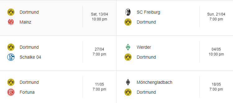 Dortmund's remaining fixtures in the league this season.