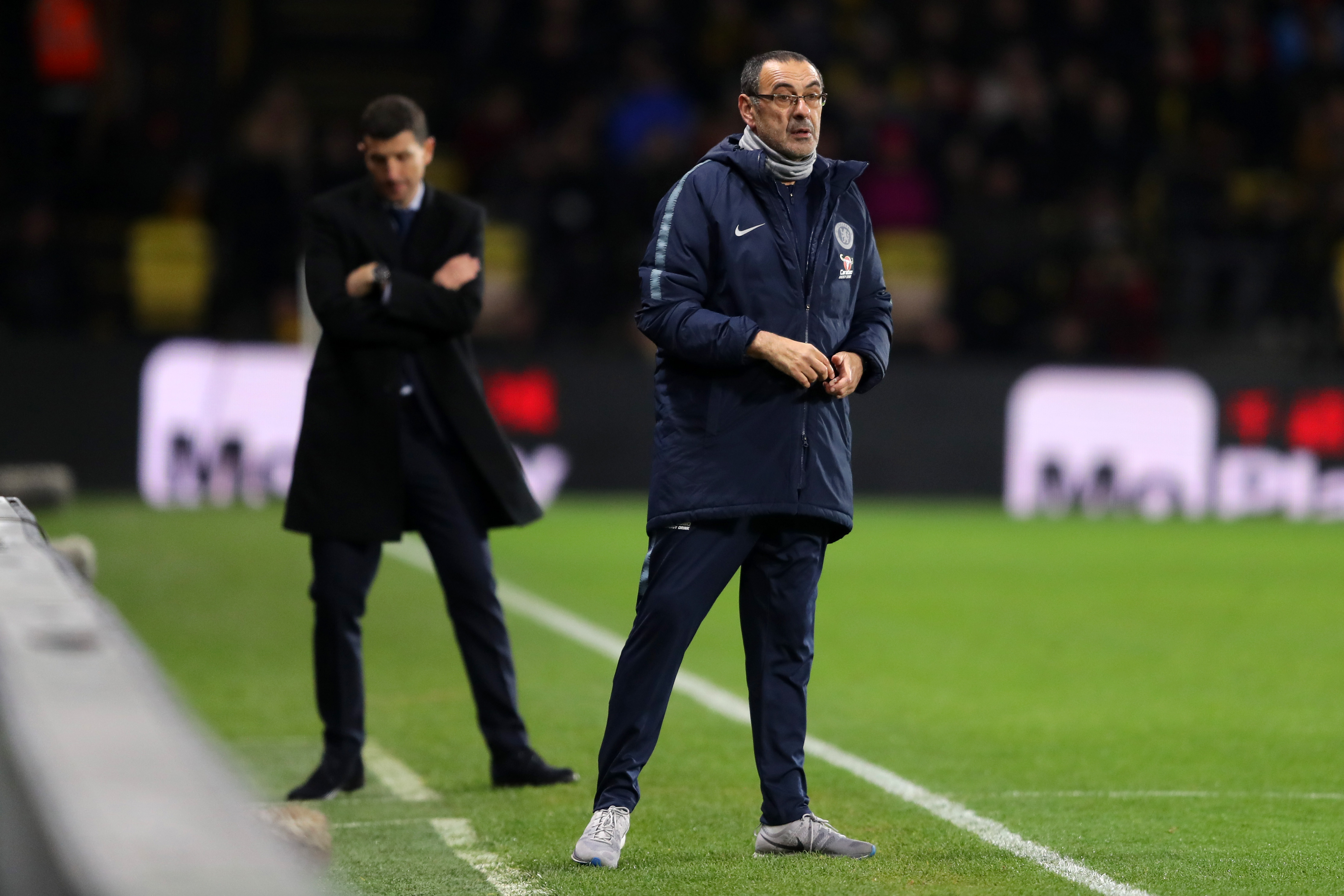 WATFORD, ENGLAND - DECEMBER 26: Maurizio Sarri, Manager of Chelsea and Javi Gracia, Manager of Watford react during the Premier League match between Watford FC and Chelsea FC at Vicarage Road on December 26, 2018 in Watford, United Kingdom. (Photo by Richard Heathcote/Getty Images)