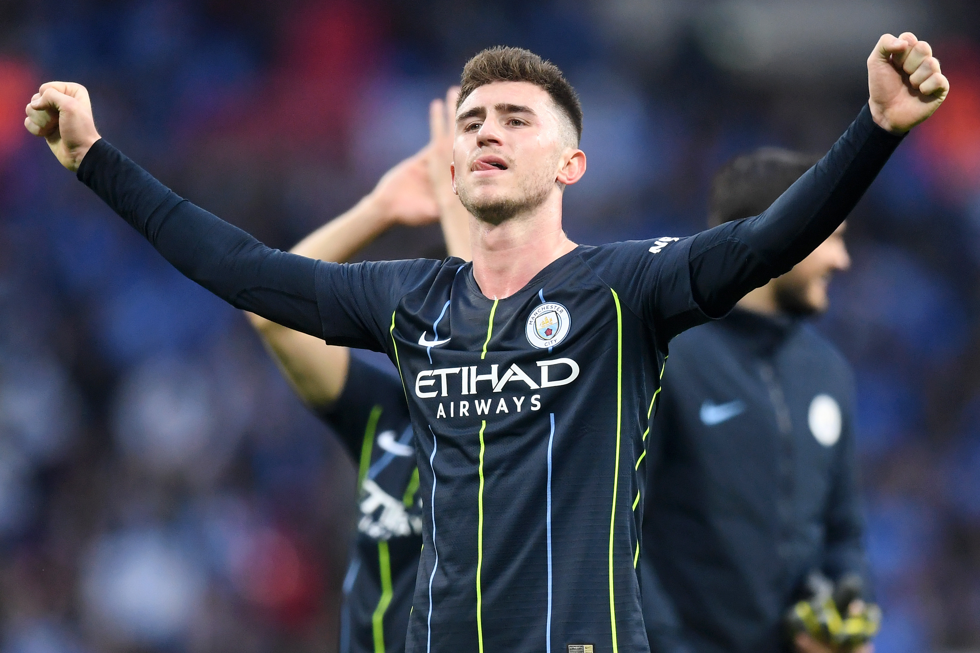 LONDON, ENGLAND - APRIL 06: Aymeric Laporte of Manchester City celebrates victory after the FA Cup Semi Final match between Manchester City and Brighton and Hove Albion at Wembley Stadium on April 06, 2019 in London, England. (Photo by Michael Regan/Getty Images)