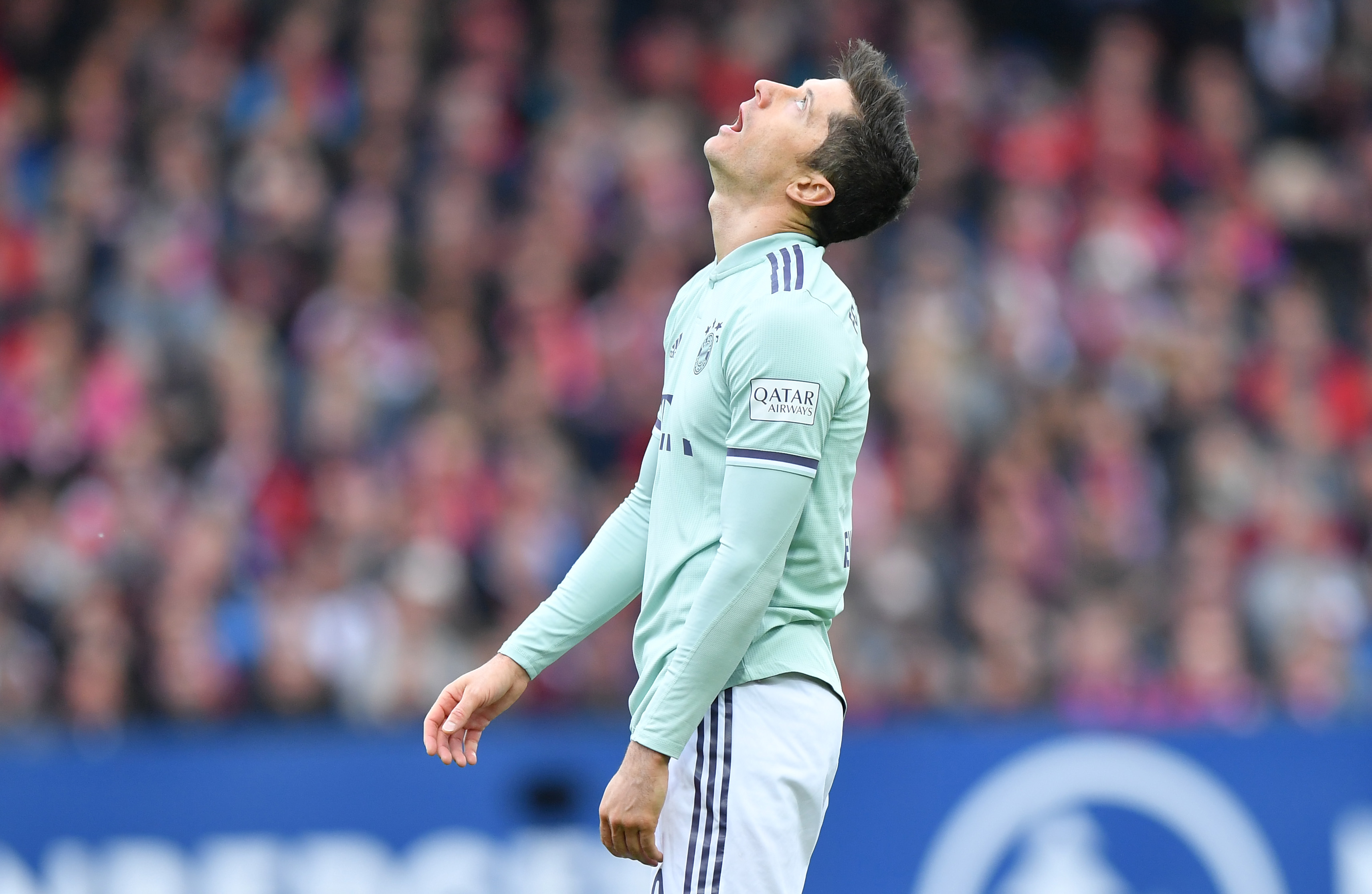 NUREMBERG, GERMANY - APRIL 28: Robert Lewandowski of Bayern Munich looks up during the Bundesliga match between 1. FC Nuernberg and FC Bayern Muenchen at Max-Morlock-Stadion on April 28, 2019 in Nuremberg, Germany. (Photo by Sebastian Widmann/Bongarts/Getty Images)