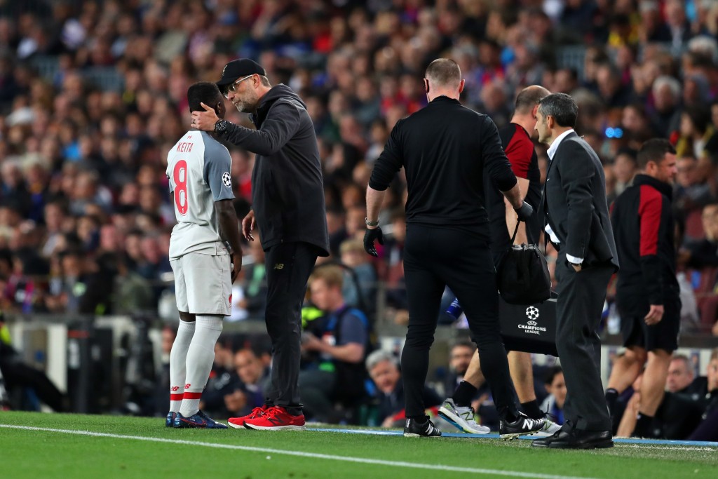 A dejected Keita is subbed off. (Photo by Catherine Ivill/Getty Images)