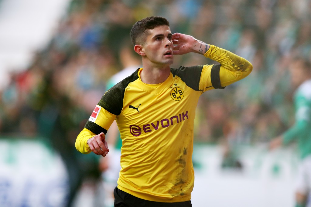BREMEN, GERMANY - MAY 04: Christian Pulisic of Borussia Dortmund celebrates scoring the opening goal during the Bundesliga match between SV Werder Bremen and Borussia Dortmund at Weserstadion on May 04, 2019 in Bremen, Germany. (Photo by Martin Rose/Bongarts/Getty Images)
