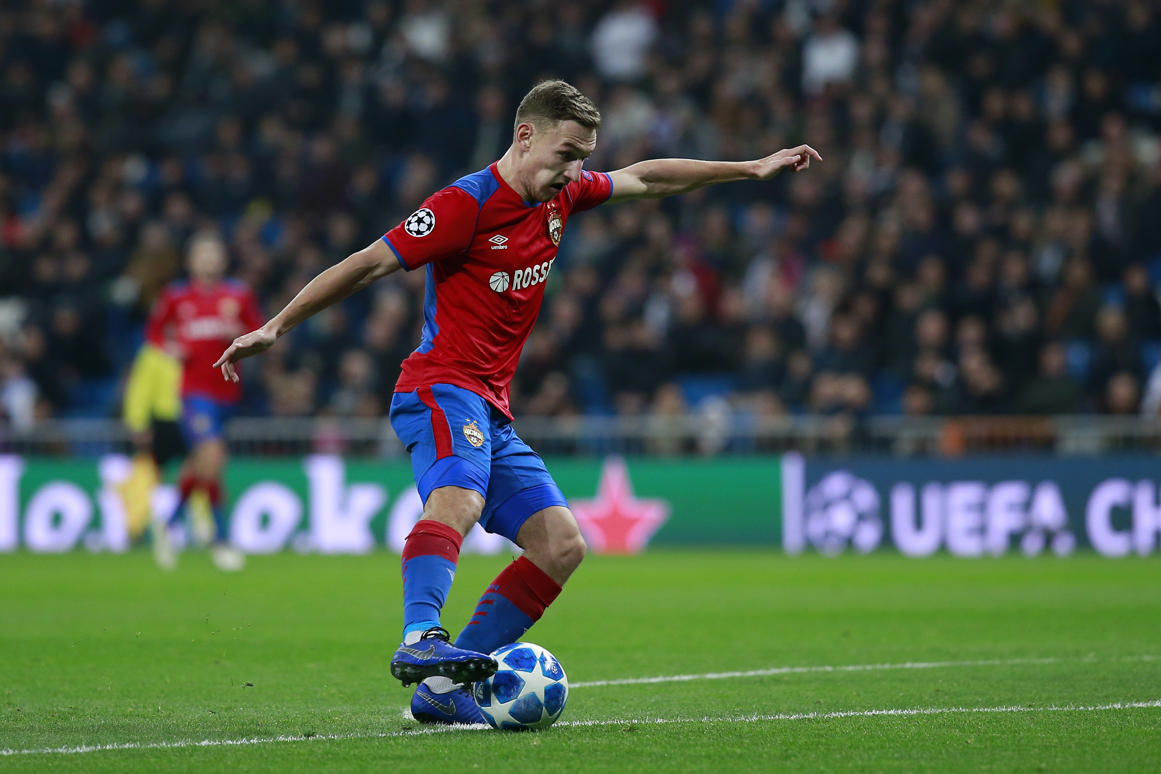 MADRID, SPAIN - DECEMBER 12: Fyodor Chalov of CSK Moscow scores his team's first goal during the UEFA Champions League Group G match between Real Madrid and CSKA Moscow at Bernabeu on December 12, 2018 in Madrid, Spain. (Photo by Gonzalo Arroyo Moreno/Getty Images)