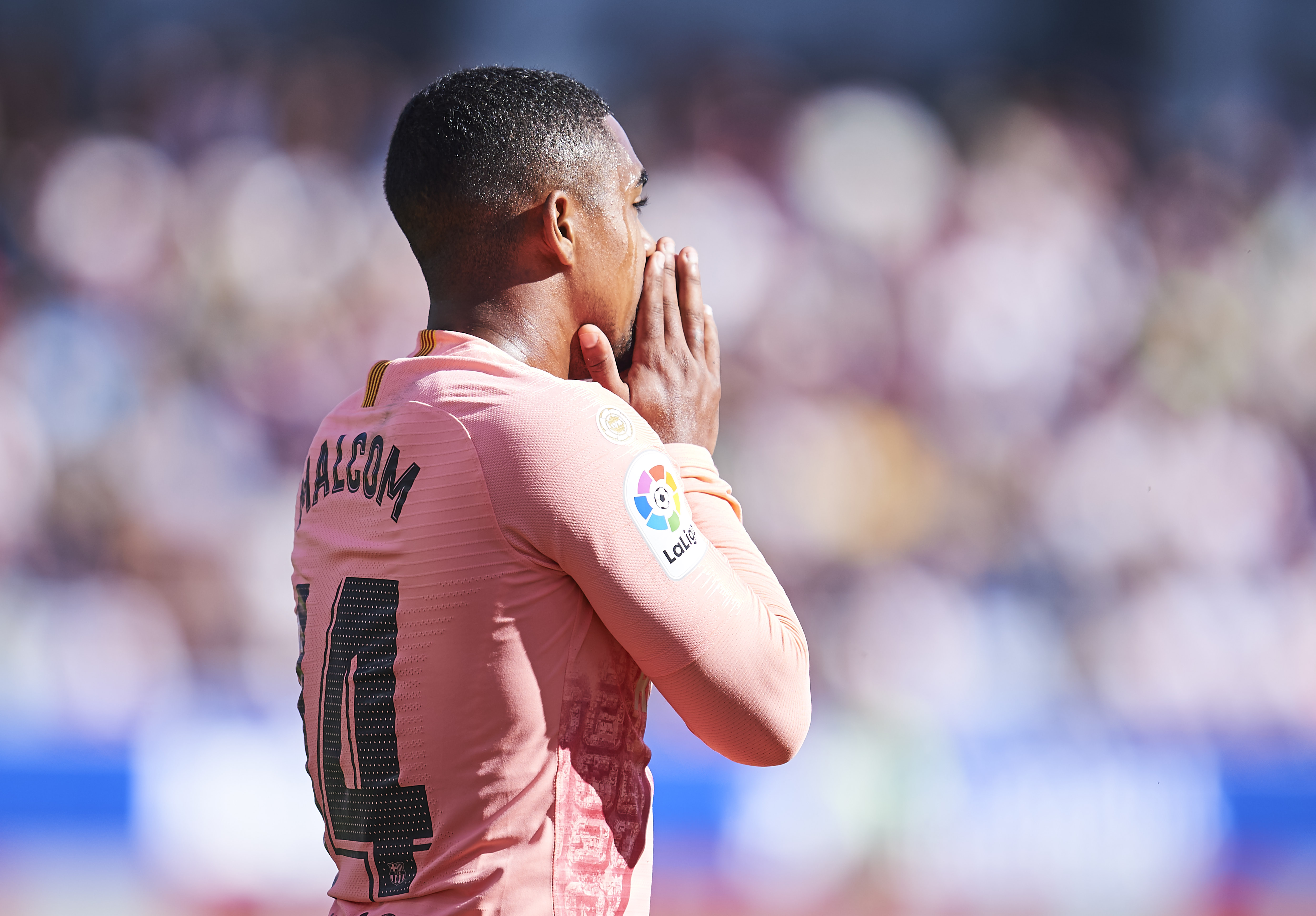 HUESCA, SPAIN - APRIL 13: Malcom Filipe Silva de Oliveira of FC Barcelona reacts during the La Liga match between SD Huesca and FC Barcelona at Estadio El Alcoraz on April 13, 2019 in Huesca, Spain. (Photo by Juan Manuel Serrano Arce/Getty Images)