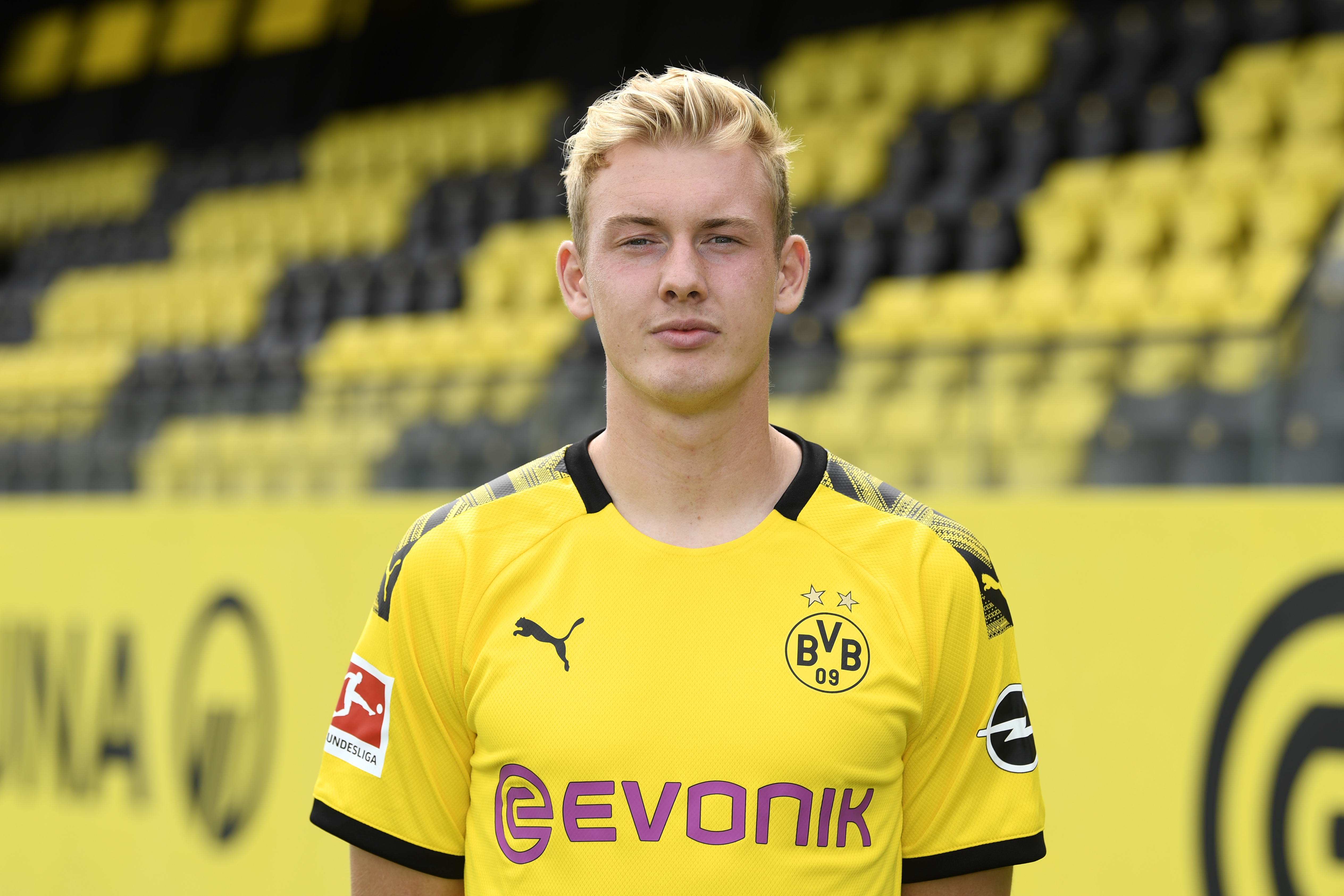DORTMUND, GERMANY - AUGUST 06: Julian Brandt of Borussia Dortmund poses during the team presentation at the Dortmund Training Ground on August 6, 2019 in Dortmund, Germany. (Photo by Pool/Bongarts/Getty Images)