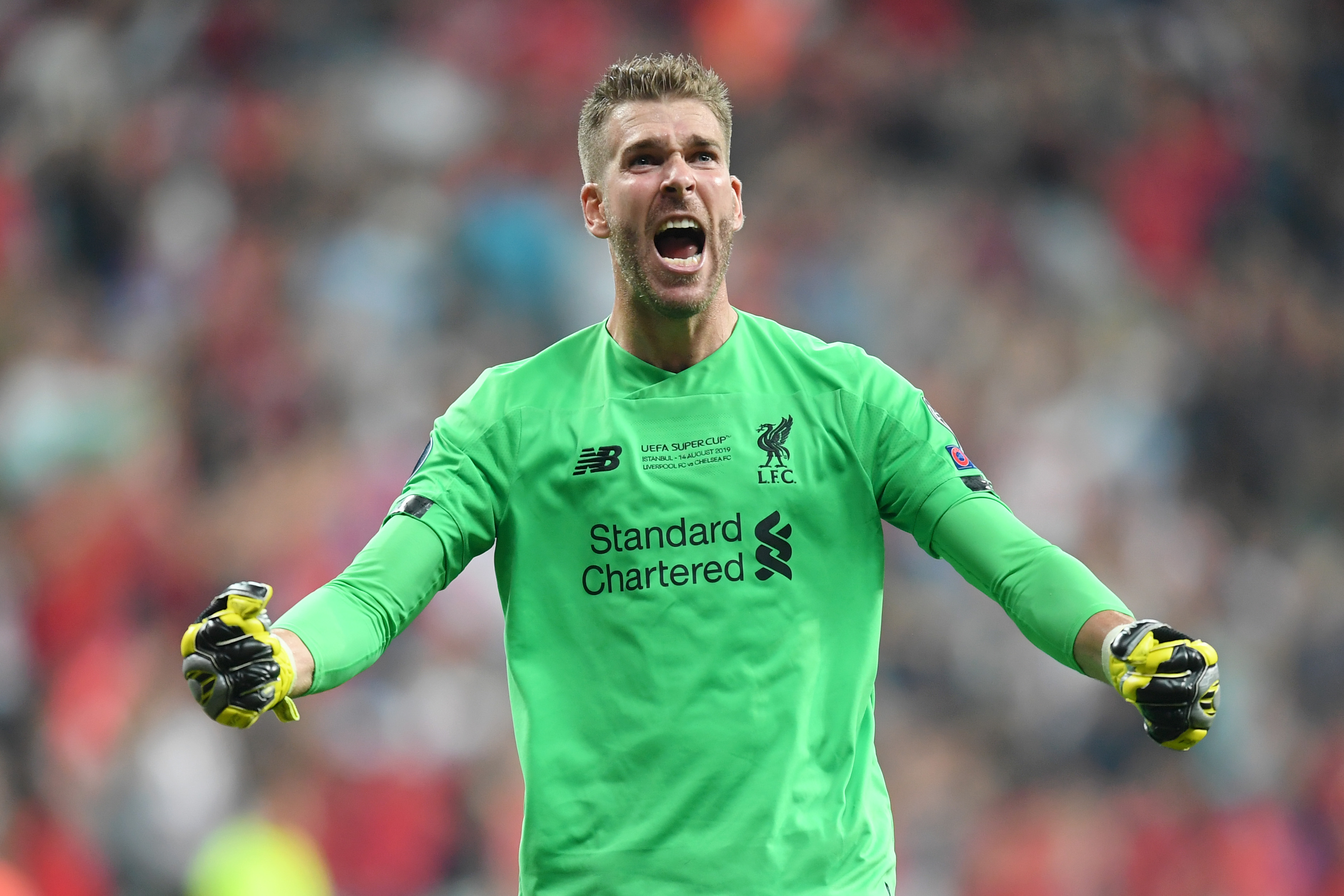 ISTANBUL, TURKEY - AUGUST 14: Adrian of Liverpool celebrates Sadio Mane of Liverpool scoring his team's second goal during the UEFA Super Cup match between Liverpool and Chelsea at Vodafone Park on August 14, 2019 in Istanbul, Turkey. (Photo by Michael Regan/Getty Images)