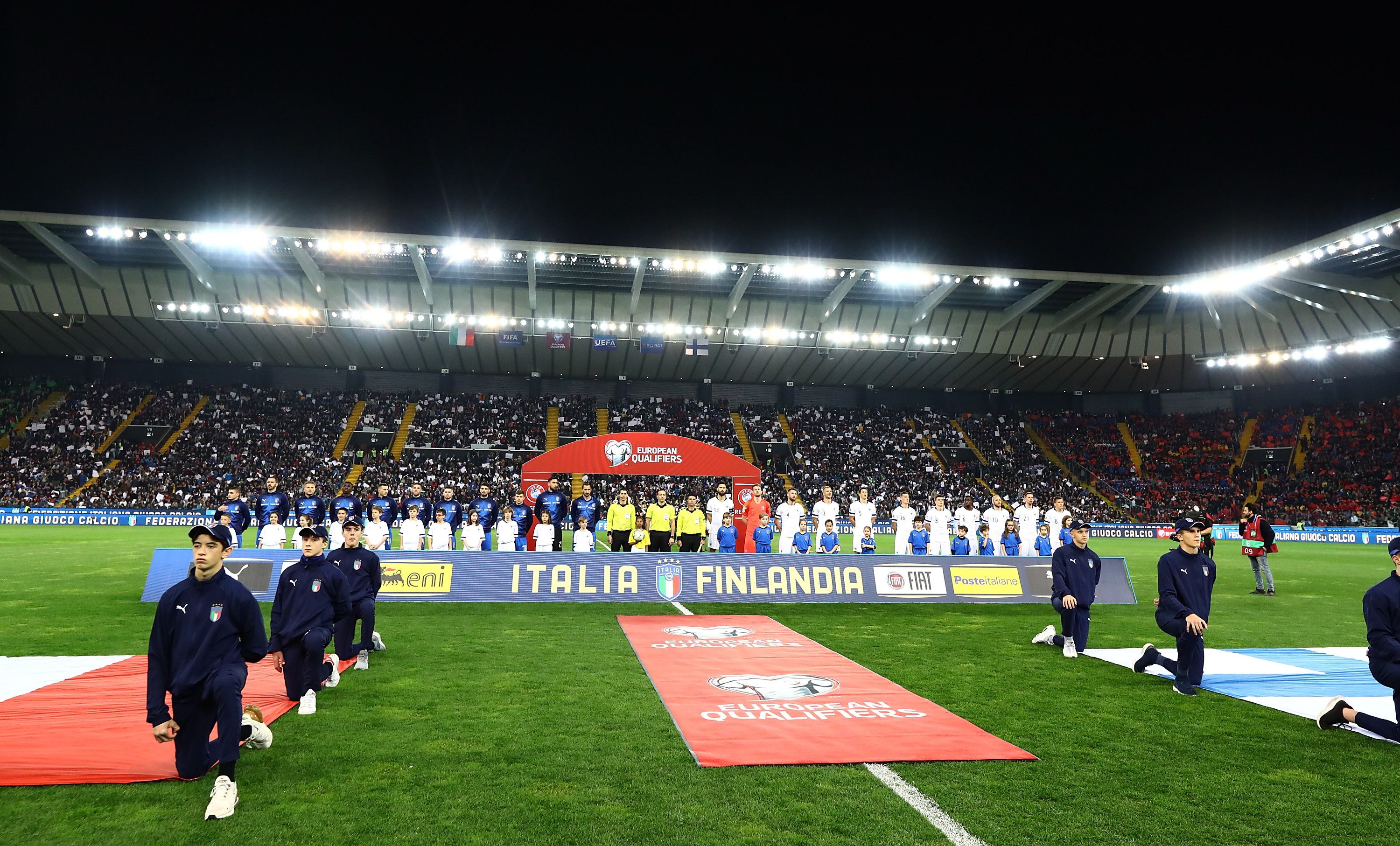 UDINE, ITALY - MARCH 23: Players of Italy and players of Finland line up prior to the during the 2020 UEFA European Championships group J qualifying match between Italy and Finland at Stadio Friuli on March 23, 2019 in Udine, Italy. (Photo by Marco Luzzani/Getty Images)