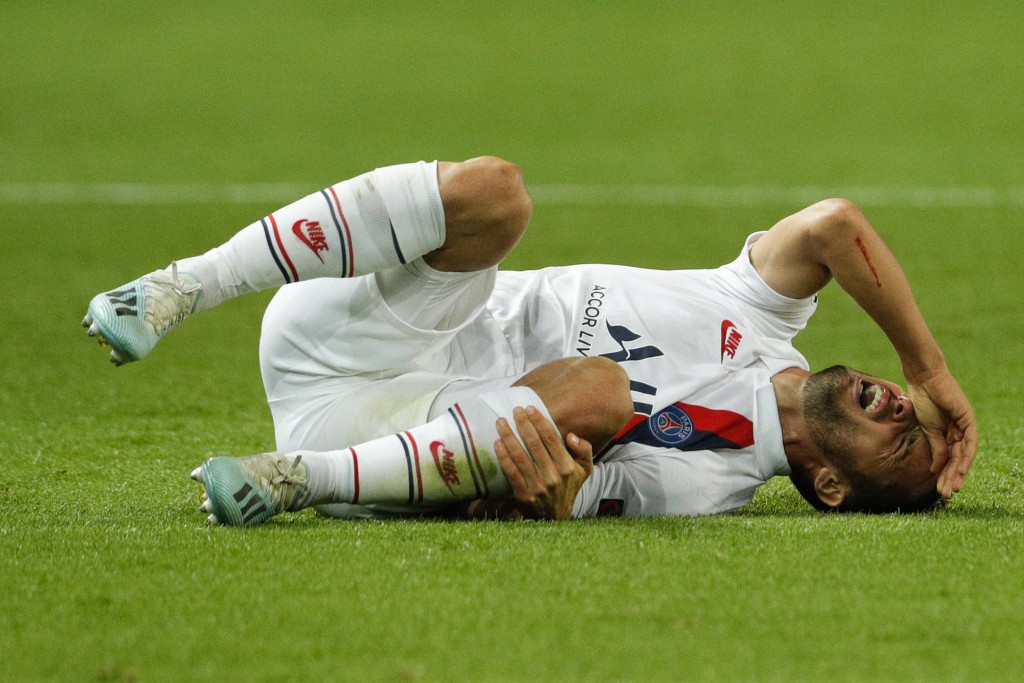 TOPSHOT - Paris Saint-Germain's Spanish midfielder Pablo Sarabia reacts as lays on the football pitch during the UEFA Champions league Group A football match between Paris Saint-Germain and Real Madrid, at the Parc des Princes stadium, in Paris, on September 18, 2019. (Photo by GEOFFROY VAN DER HASSELT / AFP) (Photo credit should read GEOFFROY VAN DER HASSELT/AFP/Getty Images)